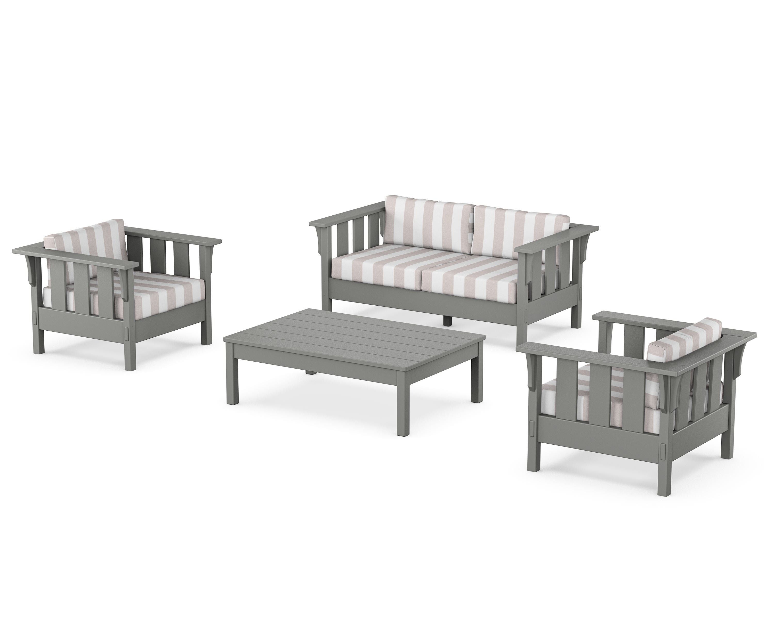 Martha Stewart by POLYWOOD® Acadia 4-Piece Deep Seating Set with Loveseat in Slate Grey / Cabana Stripe Dune Burlap