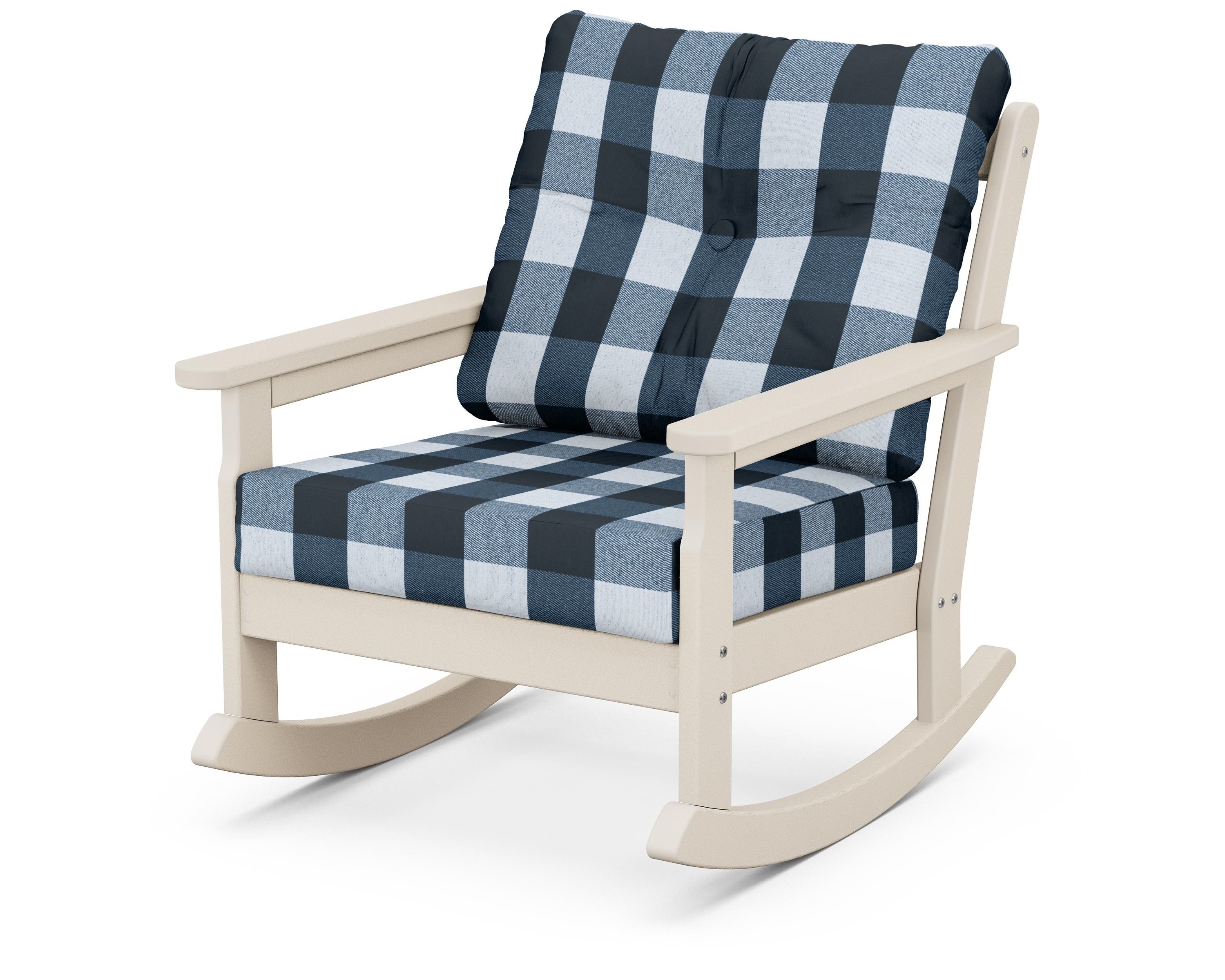 POLYWOOD® Vineyard Deep Seating Rocking Chair in Sand / Buffalo Plaid Marine Indigo
