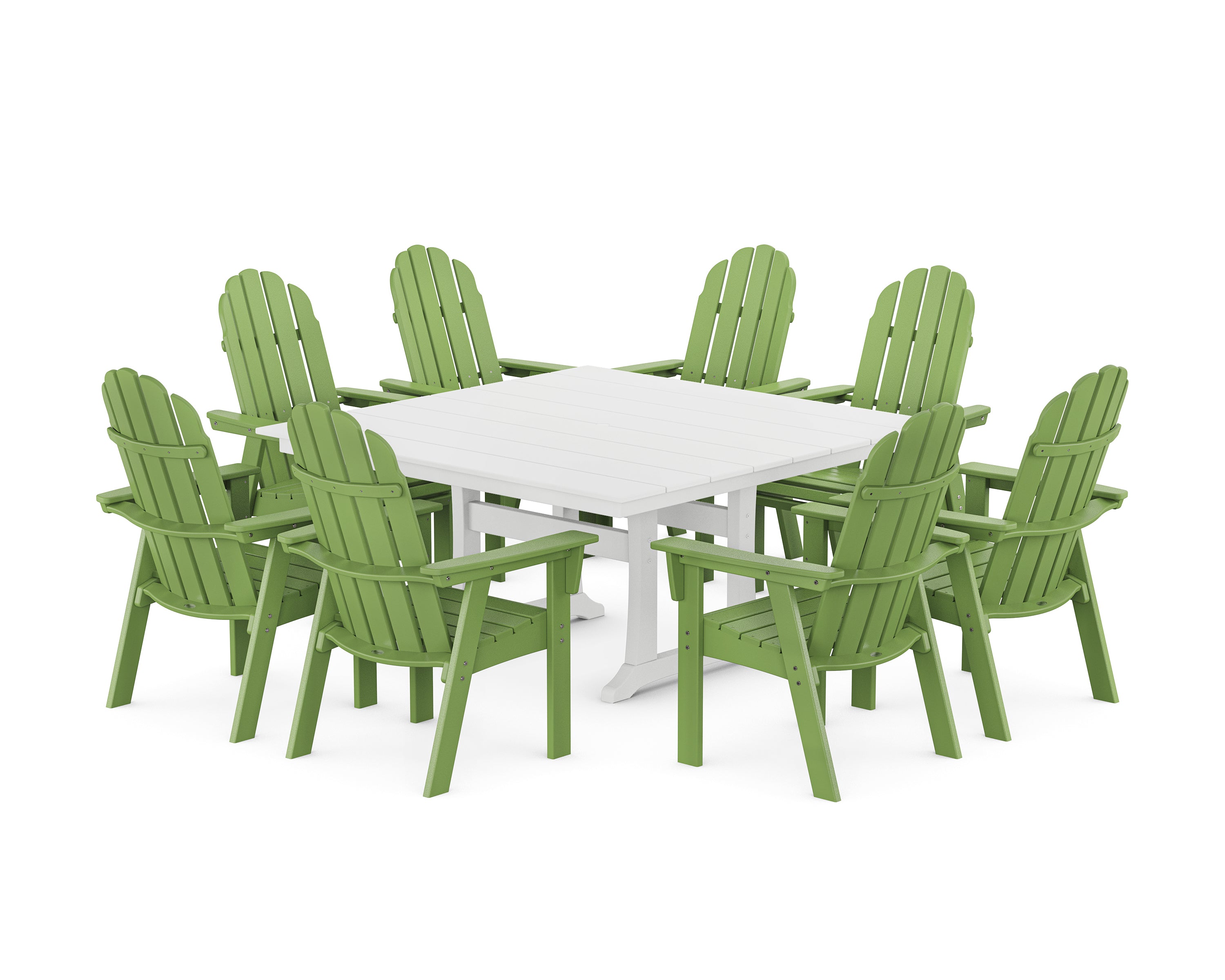 POLYWOOD® Vineyard Curveback Adirondack 9-Piece Square Farmhouse Dining Set with Trestle Legs in Lime / White