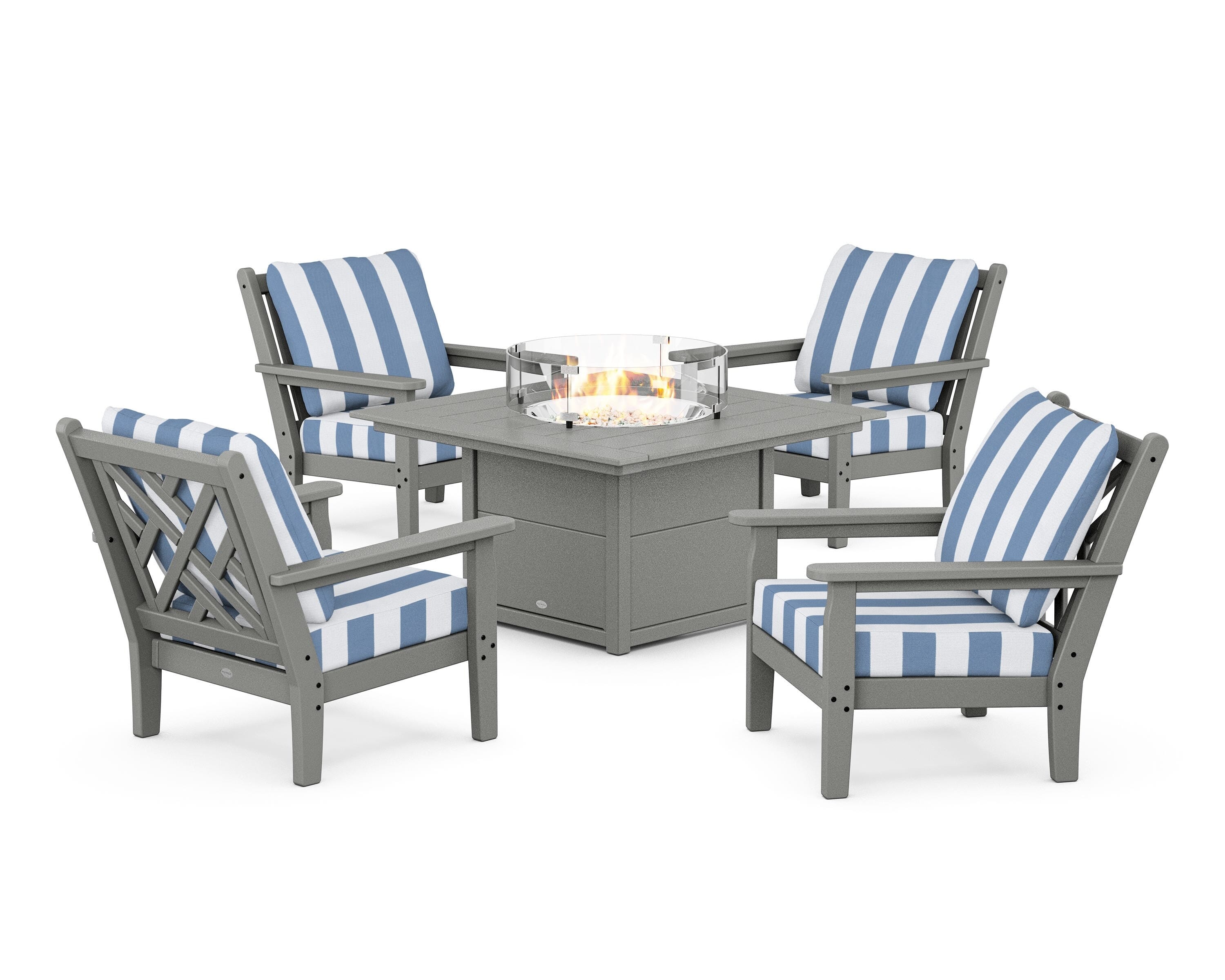 POLYWOOD® Chippendale 5-Piece Deep Seating Set with Fire Pit Table in Slate Grey / Cabana Stripe Sky Blue