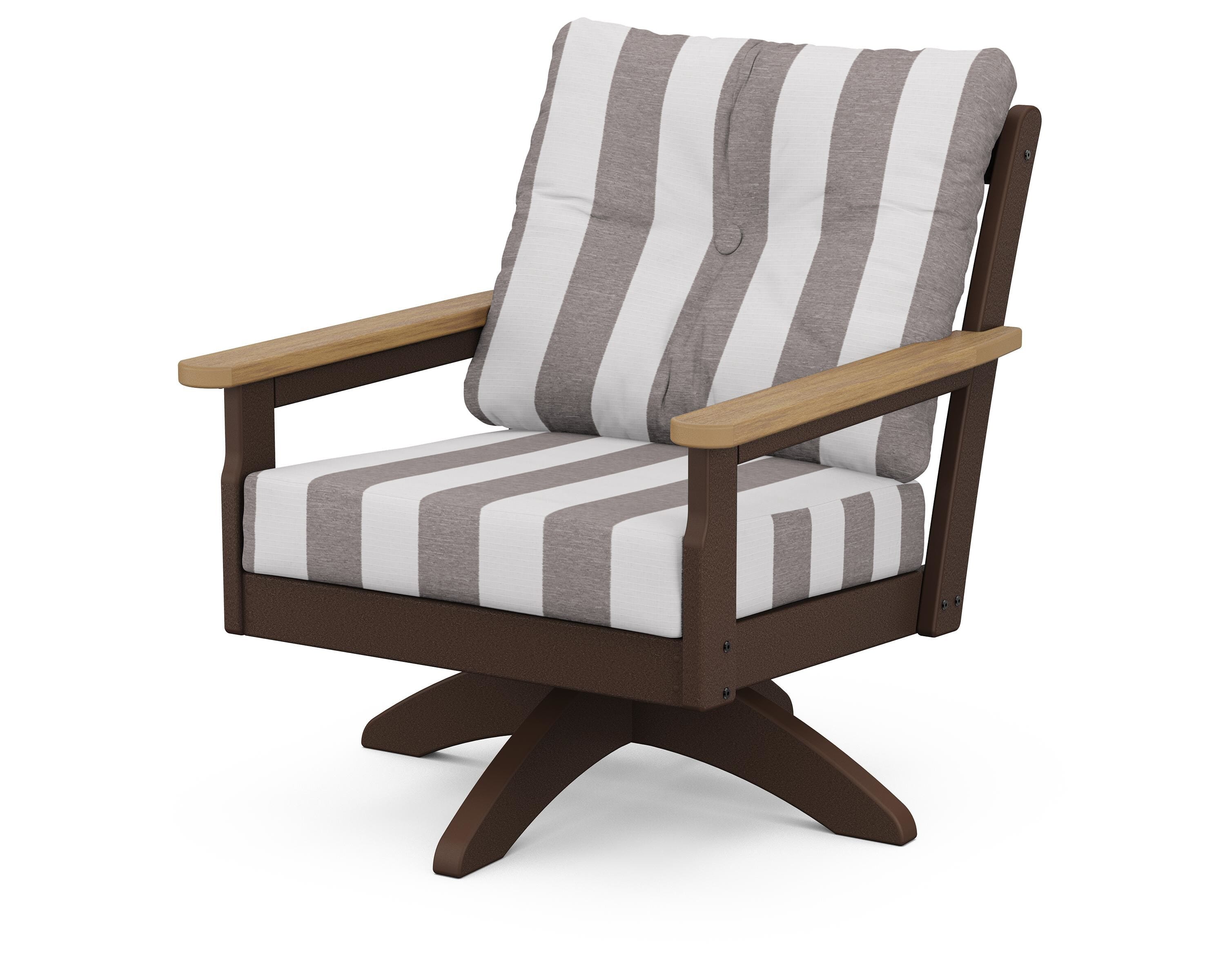 POLYWOOD® Vineyard Deep Seating Swivel Chair in Mahogany / Natural / Cabana Stripe Grey Mist