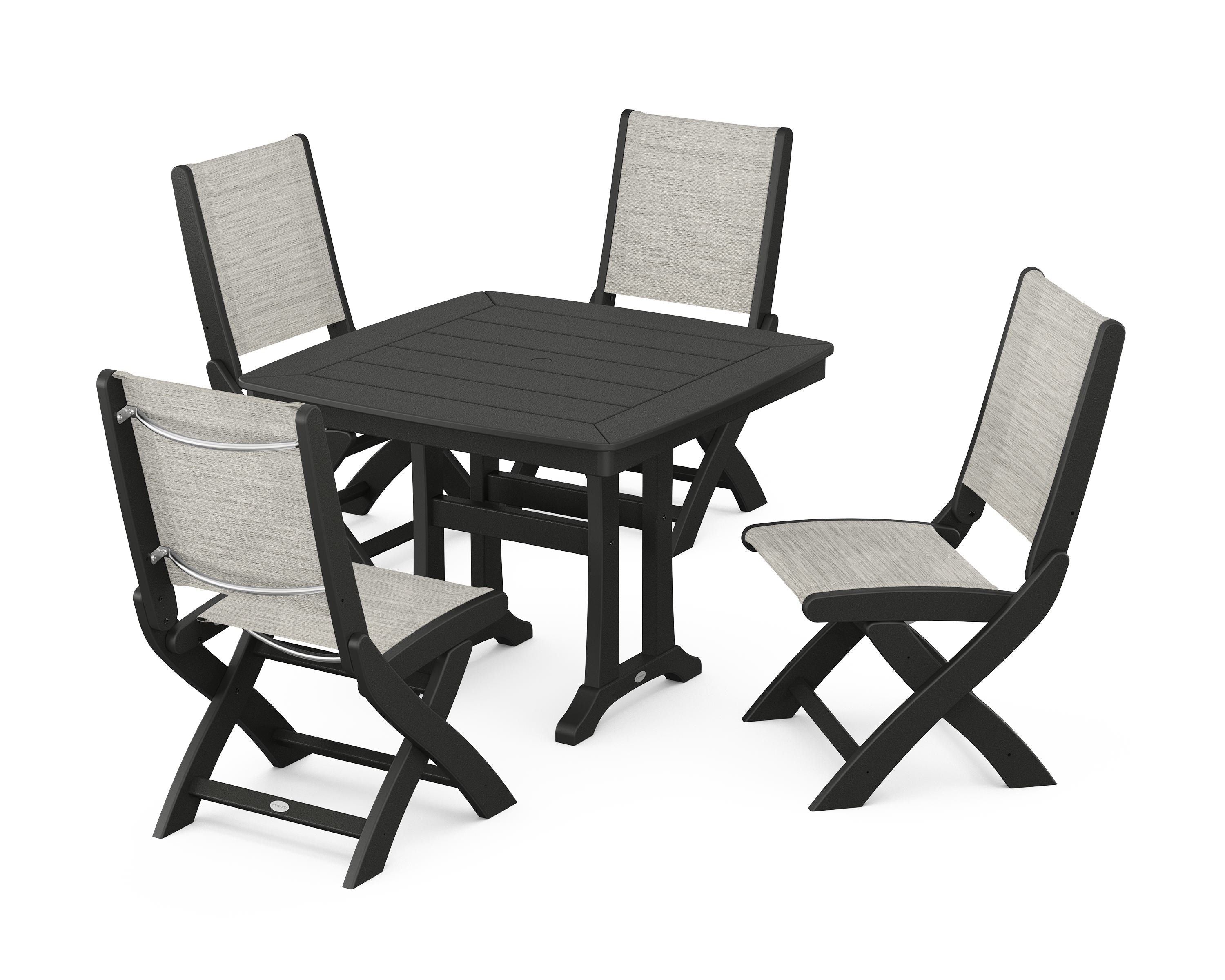 POLYWOOD® Coastal Folding Side Chair 5-Piece Dining Set with Trestle Legs in Black / Birch Sling