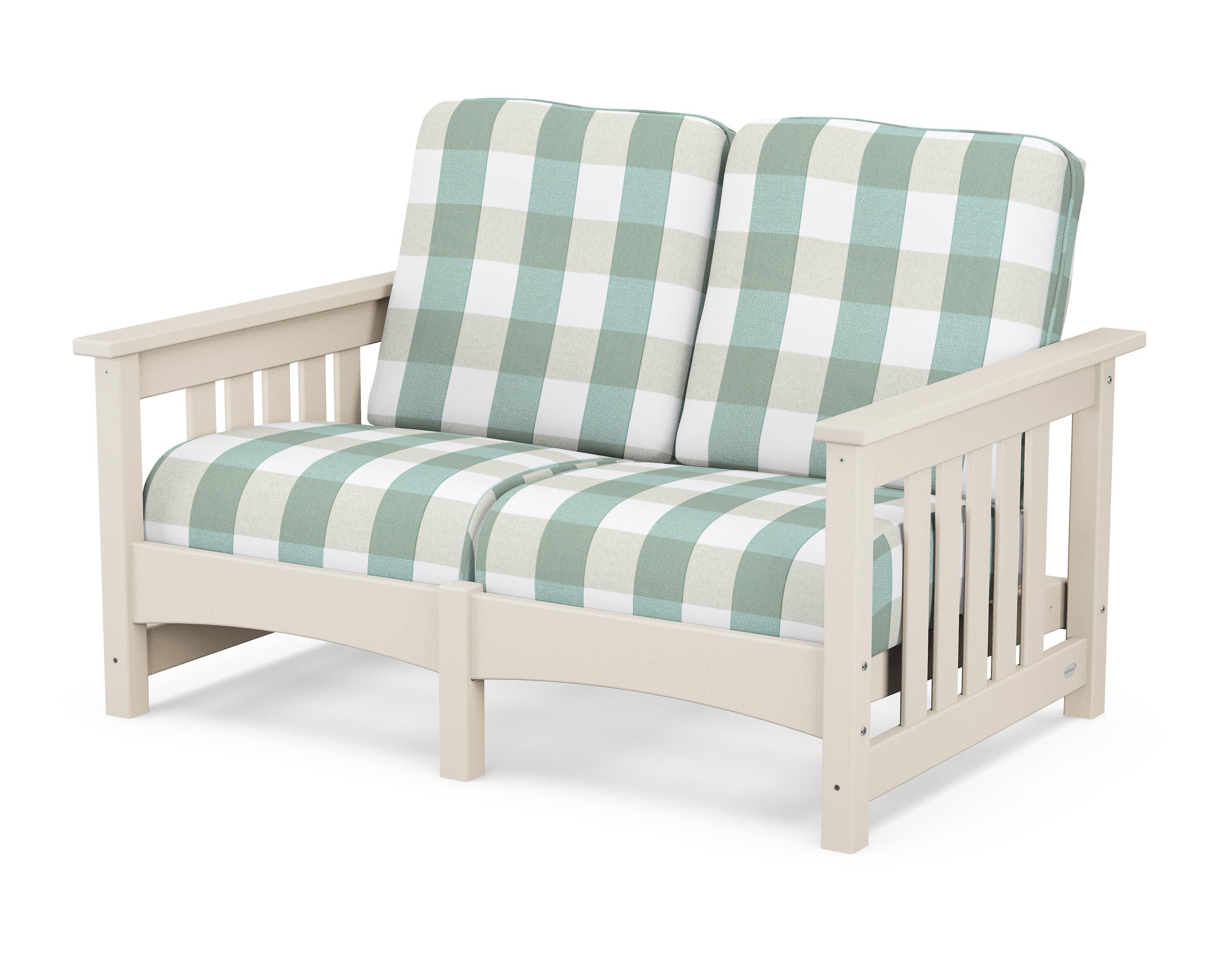 POLYWOOD® Club Mission Loveseat in Sand / Buffalo Plaid Glacier Spa