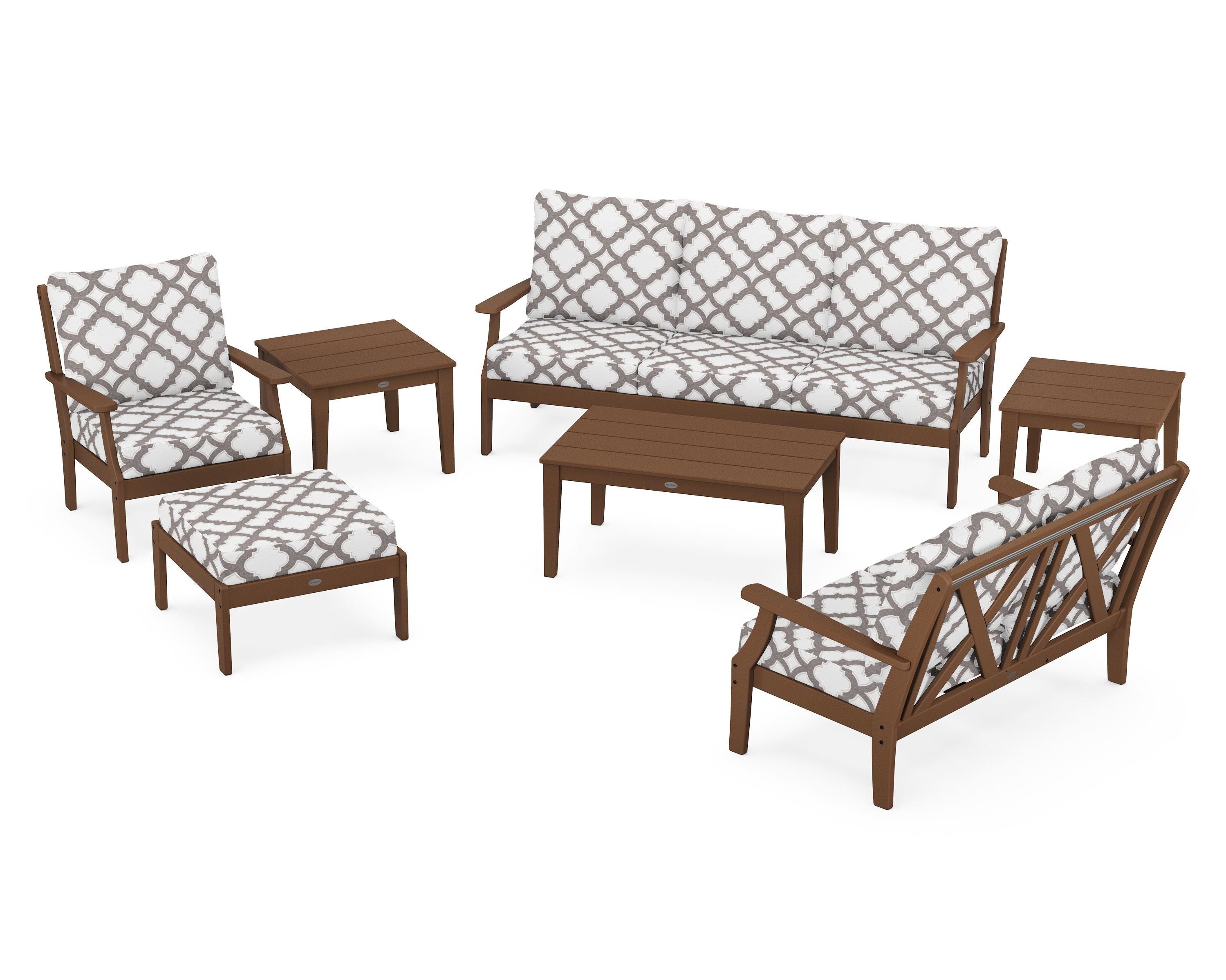 POLYWOOD® Braxton 7-Piece Deep Seating Set in Teak / Trellis Grey Mist