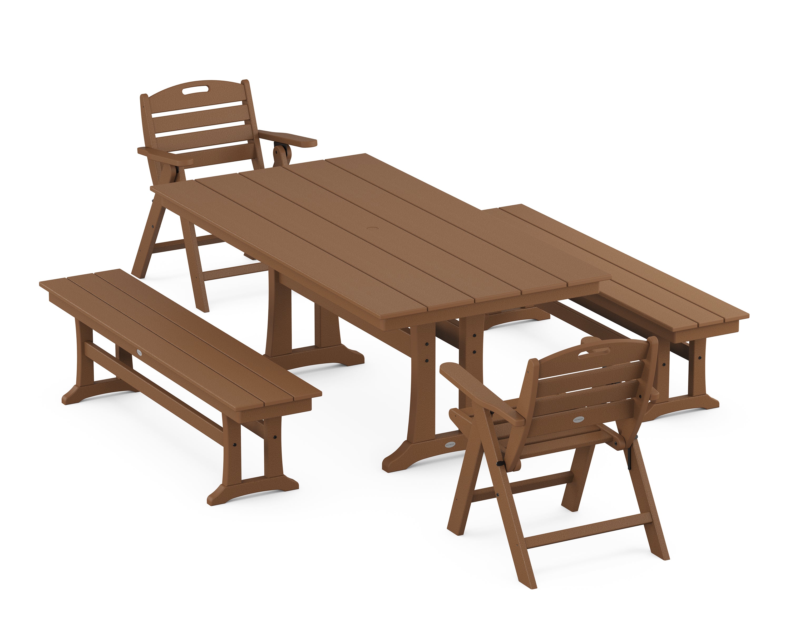 POLYWOOD® Nautical Folding Lowback Chair 5-Piece Farmhouse Dining Set With Trestle Legs in Teak
