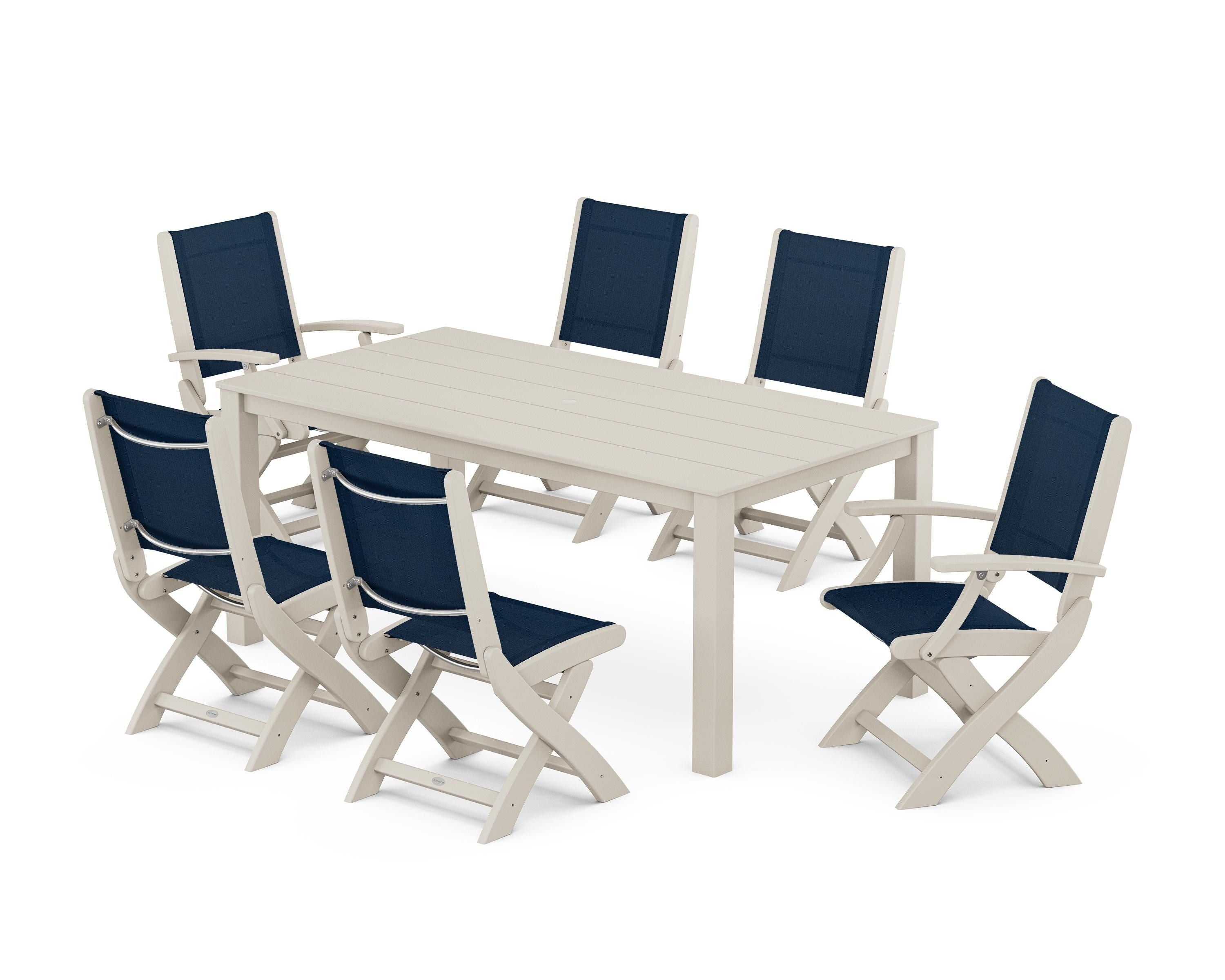 POLYWOOD® Coastal Folding Chair 7-Piece Parsons Dining Set in Sand / Navy Blue Sling