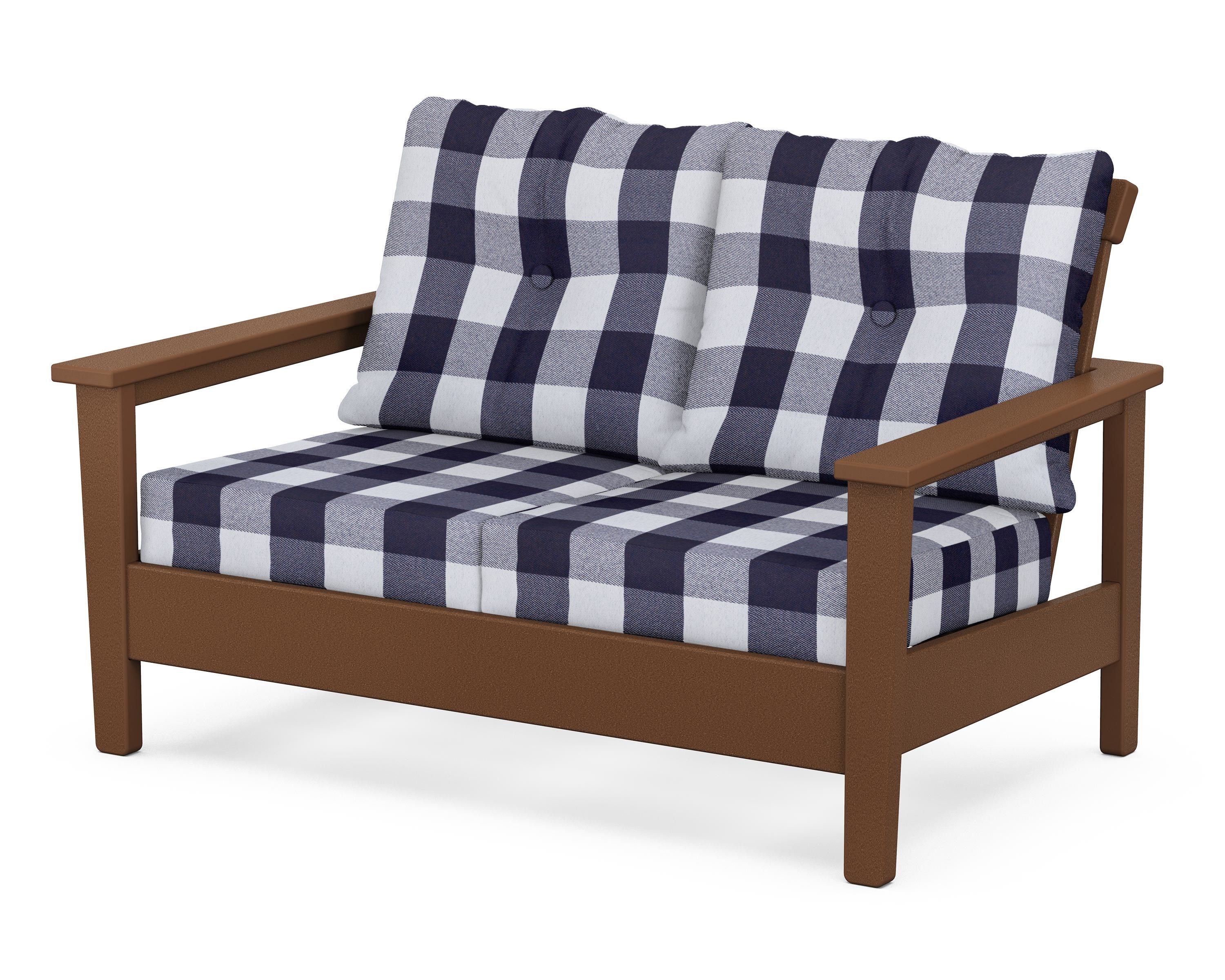POLYWOOD® Prescott Deep Seating Loveseat in Teak / Buffalo Plaid Navy