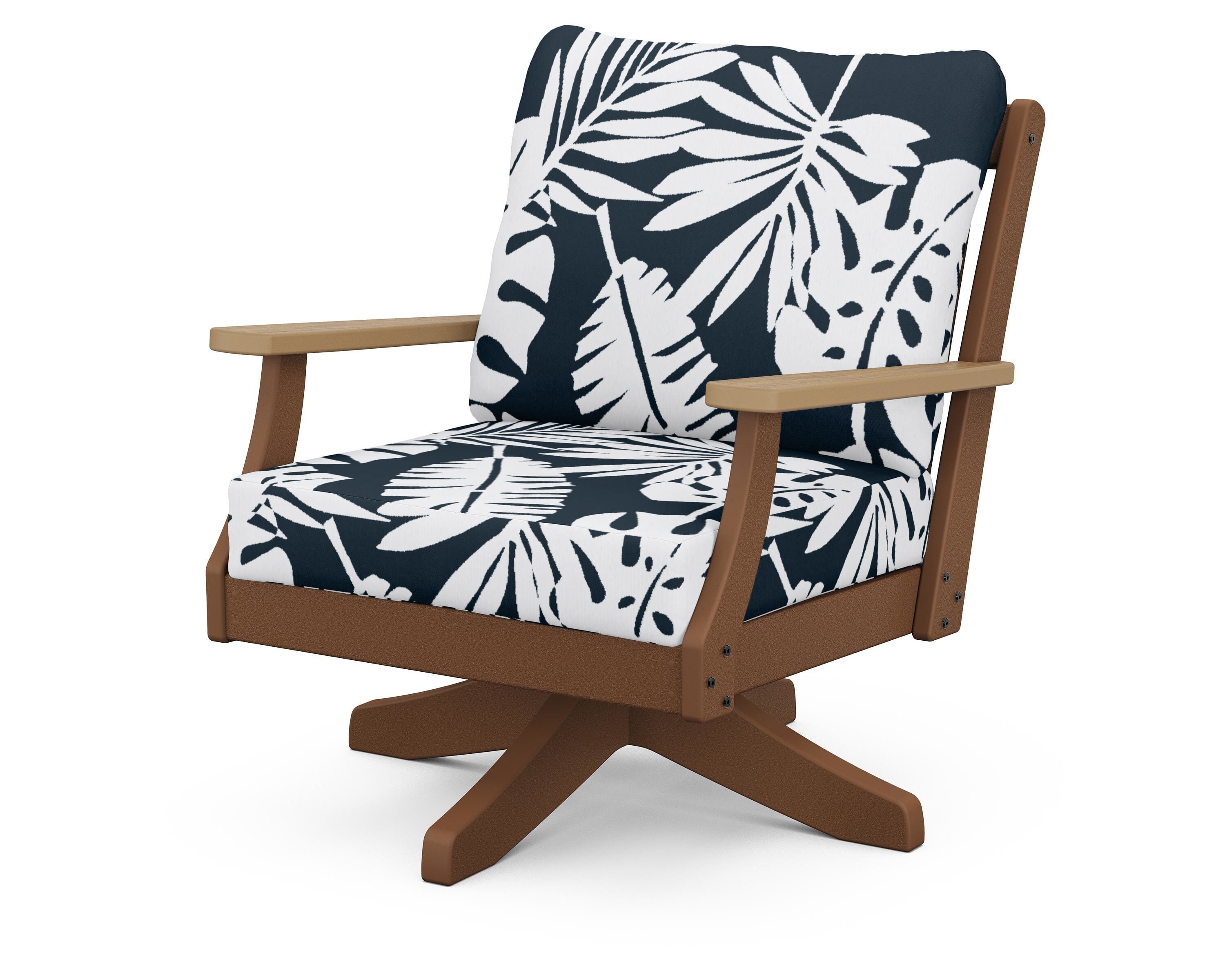 POLYWOOD® Braxton Deep Seating Swivel Chair in Teak / Natural / Leaf Marine Indigo