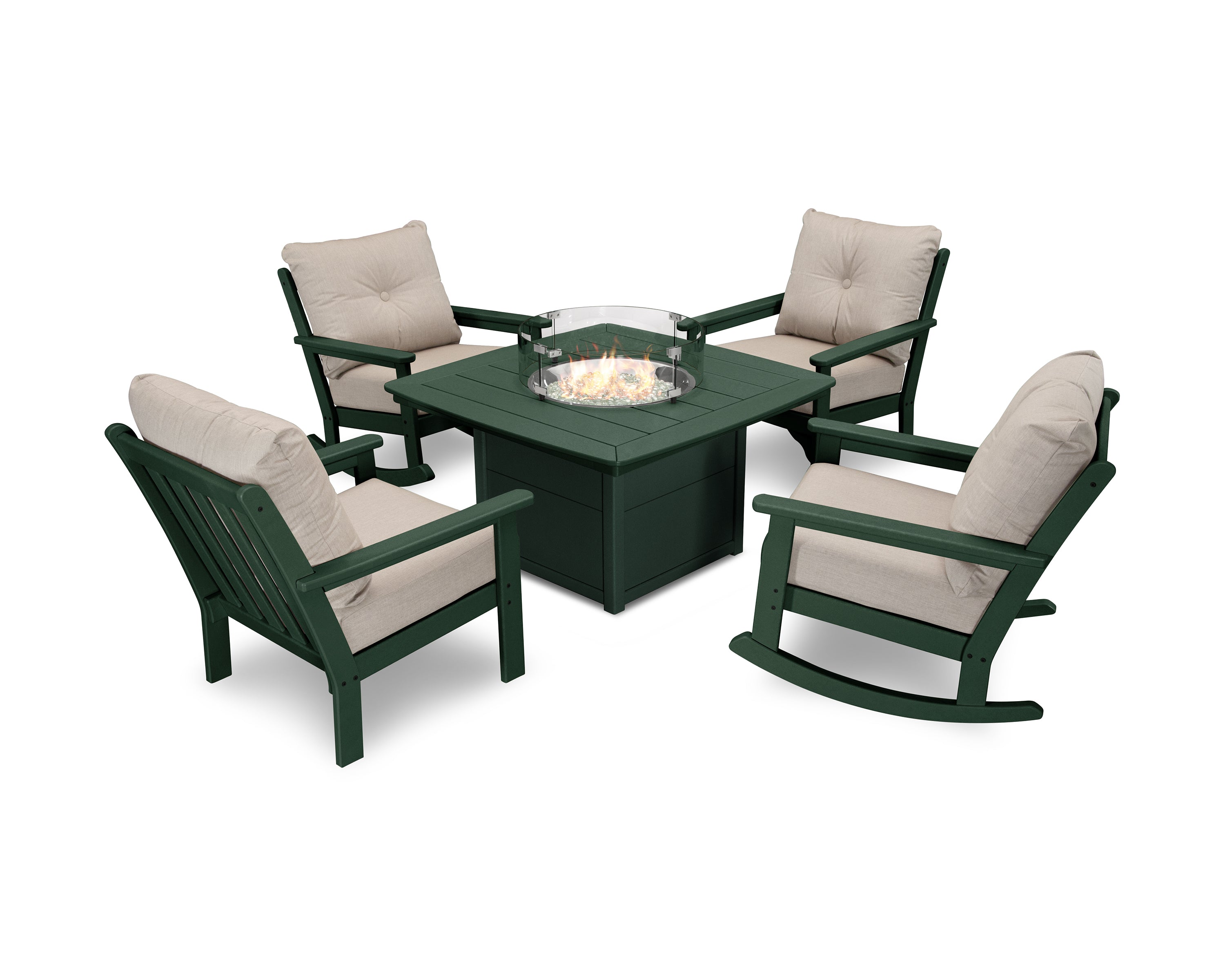 POLYWOOD® Vineyard 5-Piece Deep Seating Rocking Chair Conversation Set with Fire Pit Table in Green / Cast Ash