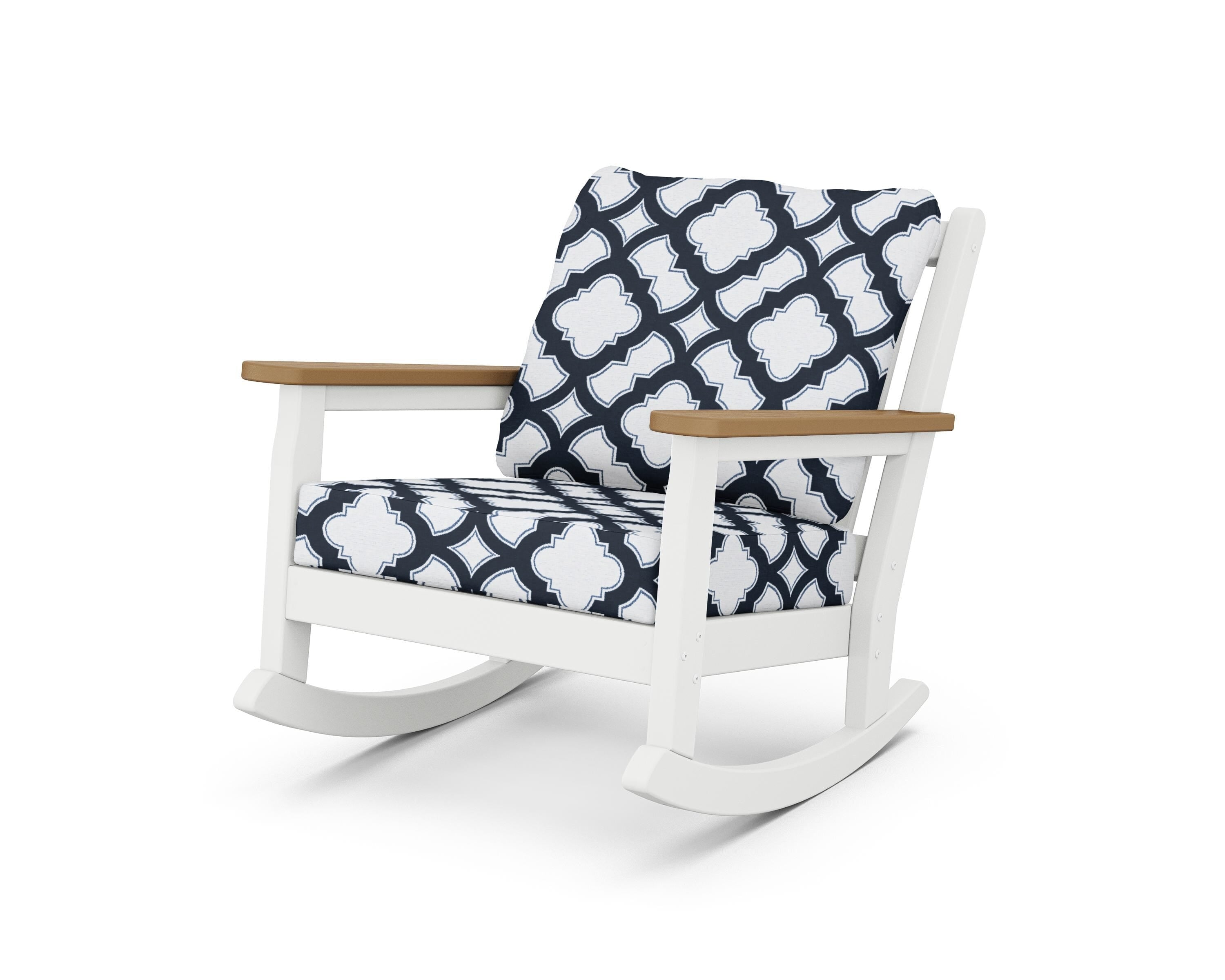 POLYWOOD® Chippendale Deep Seating Rocking Chair in White / Natural / Trellis Marine Indigo