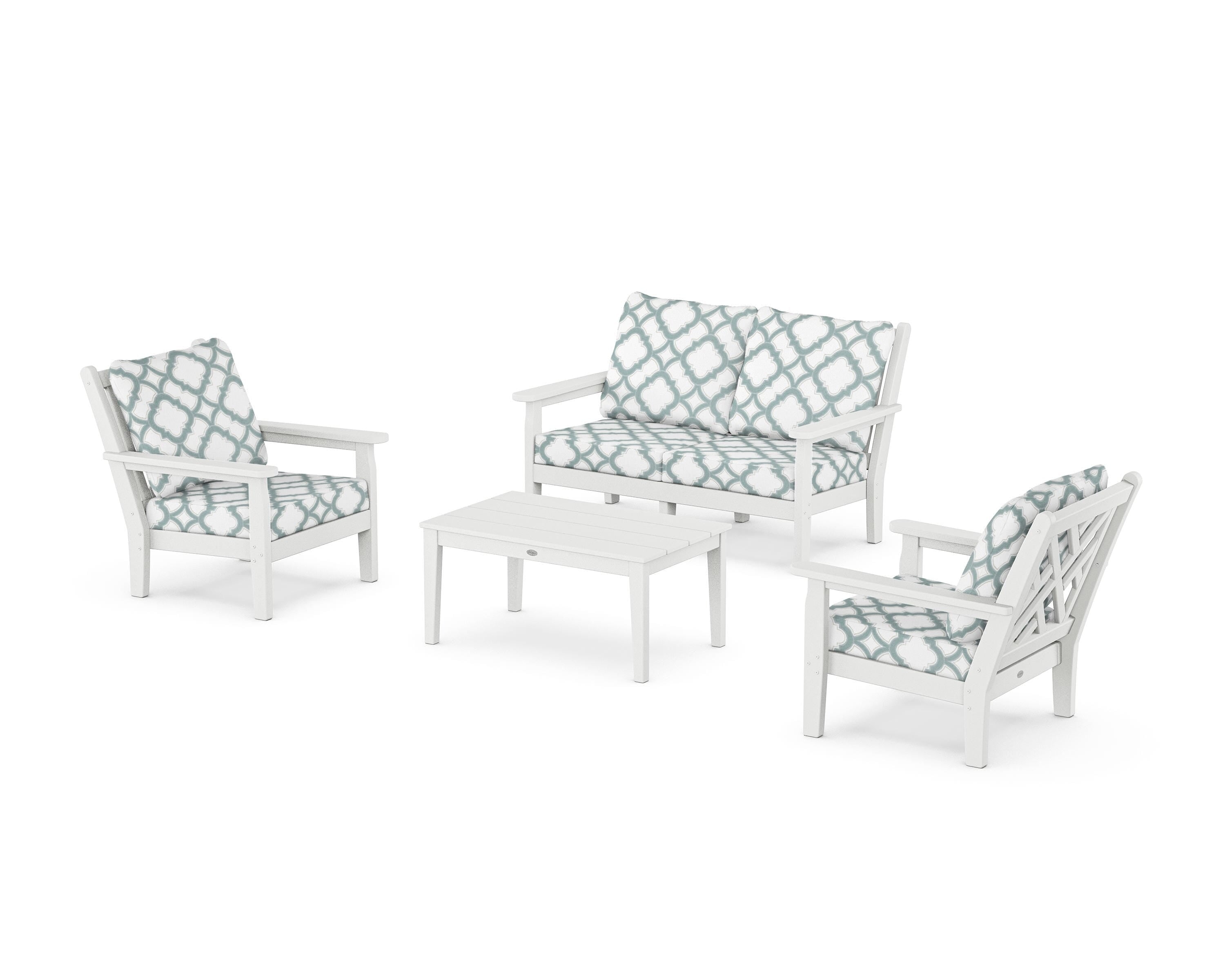 POLYWOOD® Chippendale 4-Piece Deep Seating Set with Loveseat in White / Trellis Glacier Spa