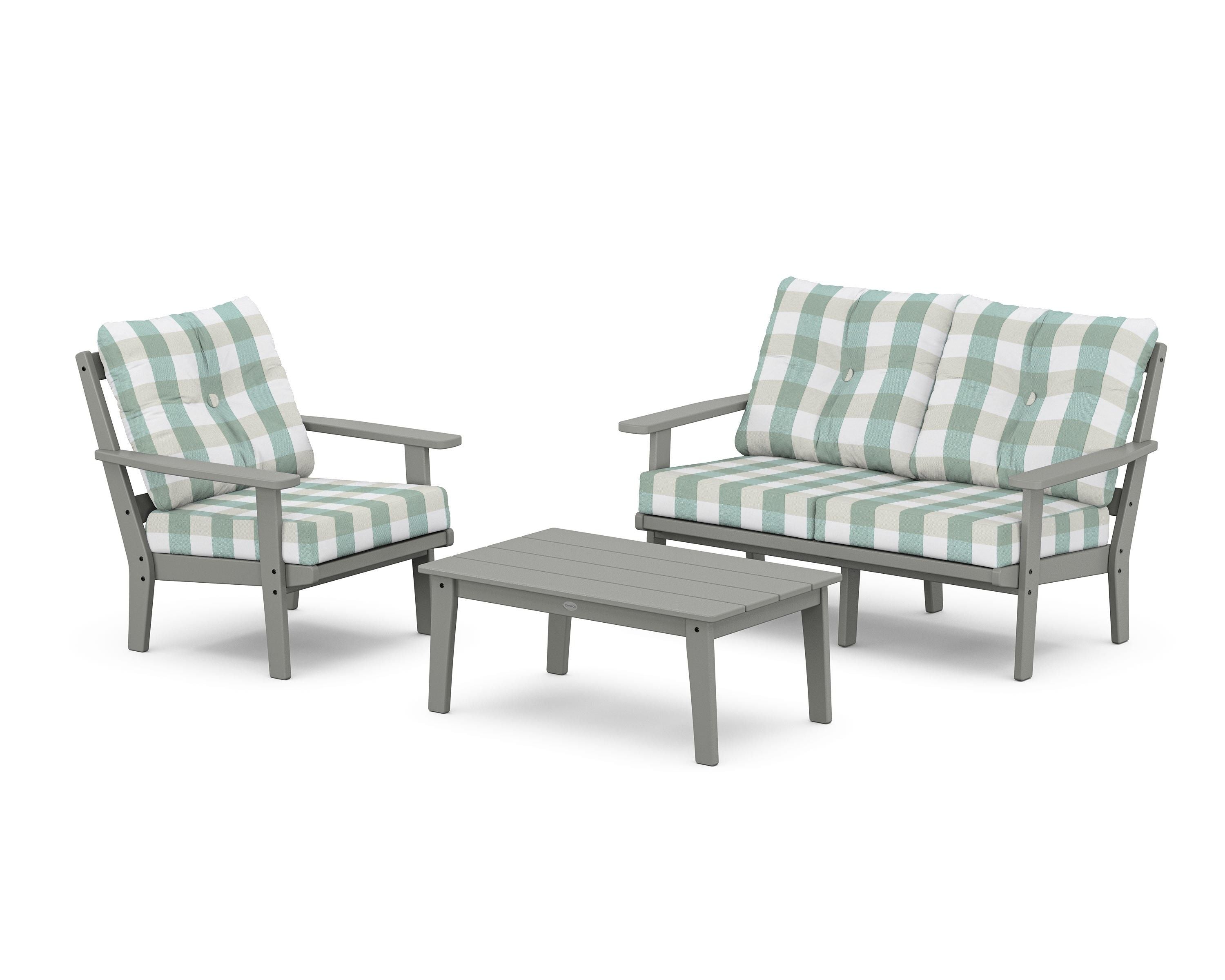 POLYWOOD® Oxford 3-Piece Deep Seating Set with Loveseat in Slate Grey / Buffalo Plaid Glacier Spa