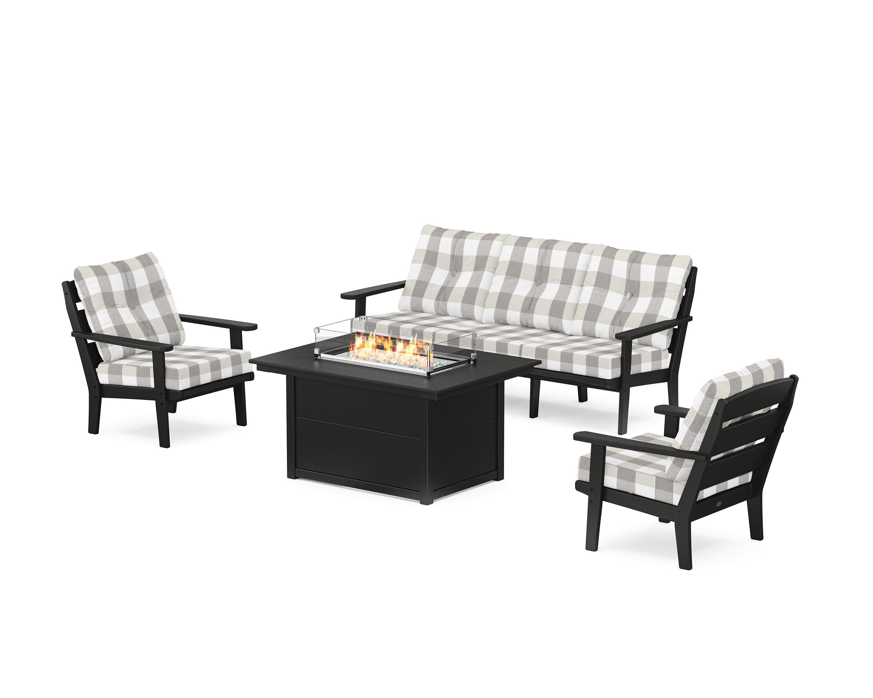 POLYWOOD® Lakeside Deep Seating Fire Pit Table Set in Black / Buffalo Plaid Grey Mist