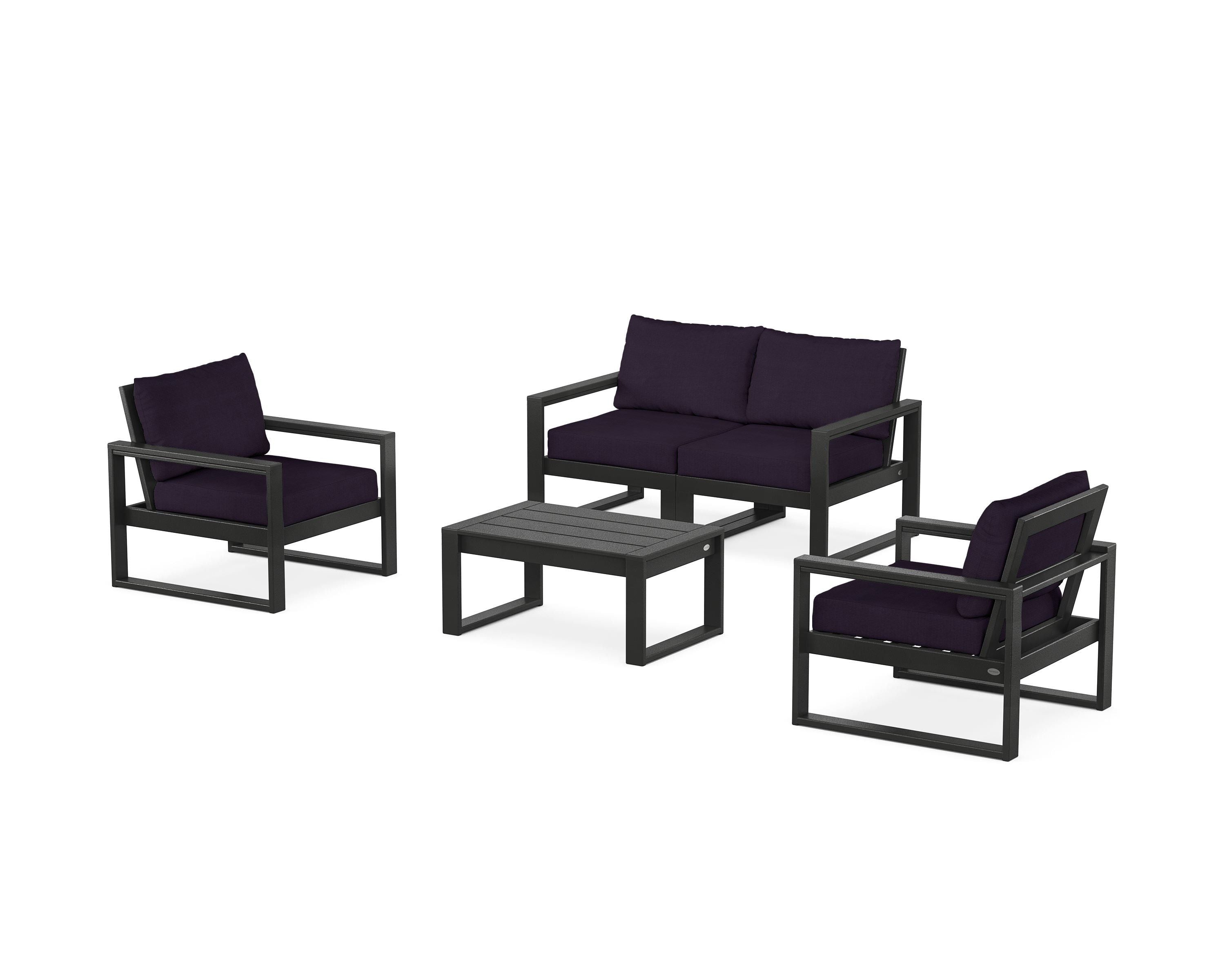 POLYWOOD® EDGE Sectional 4-Piece Deep Seating Set with Loveseat in Black / Navy Linen