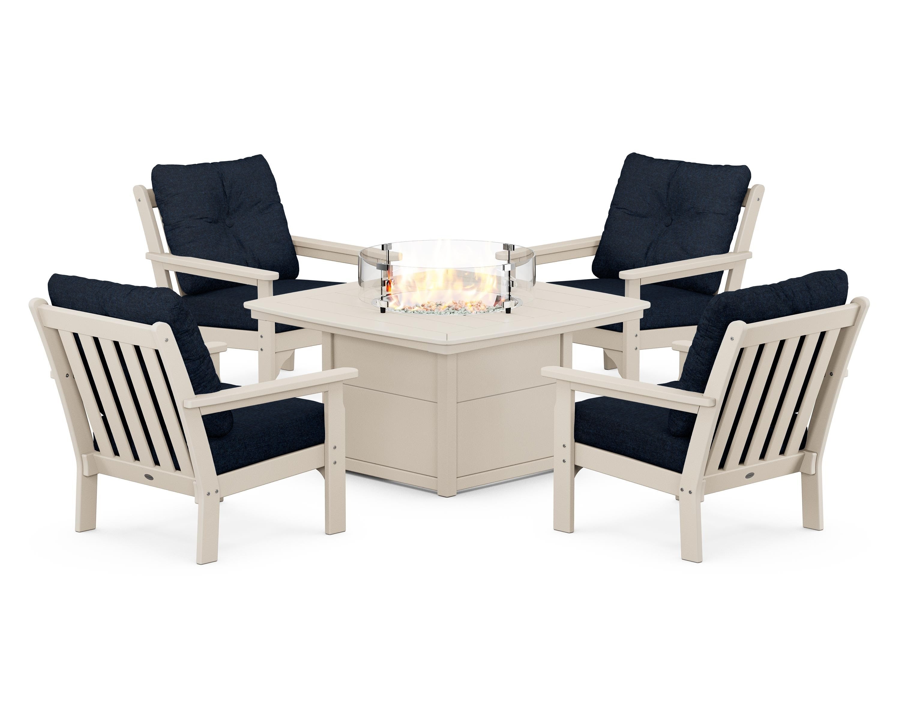 POLYWOOD® Vineyard 5-Piece Conversation Set with Fire Pit Table in Sand / Marine Indigo