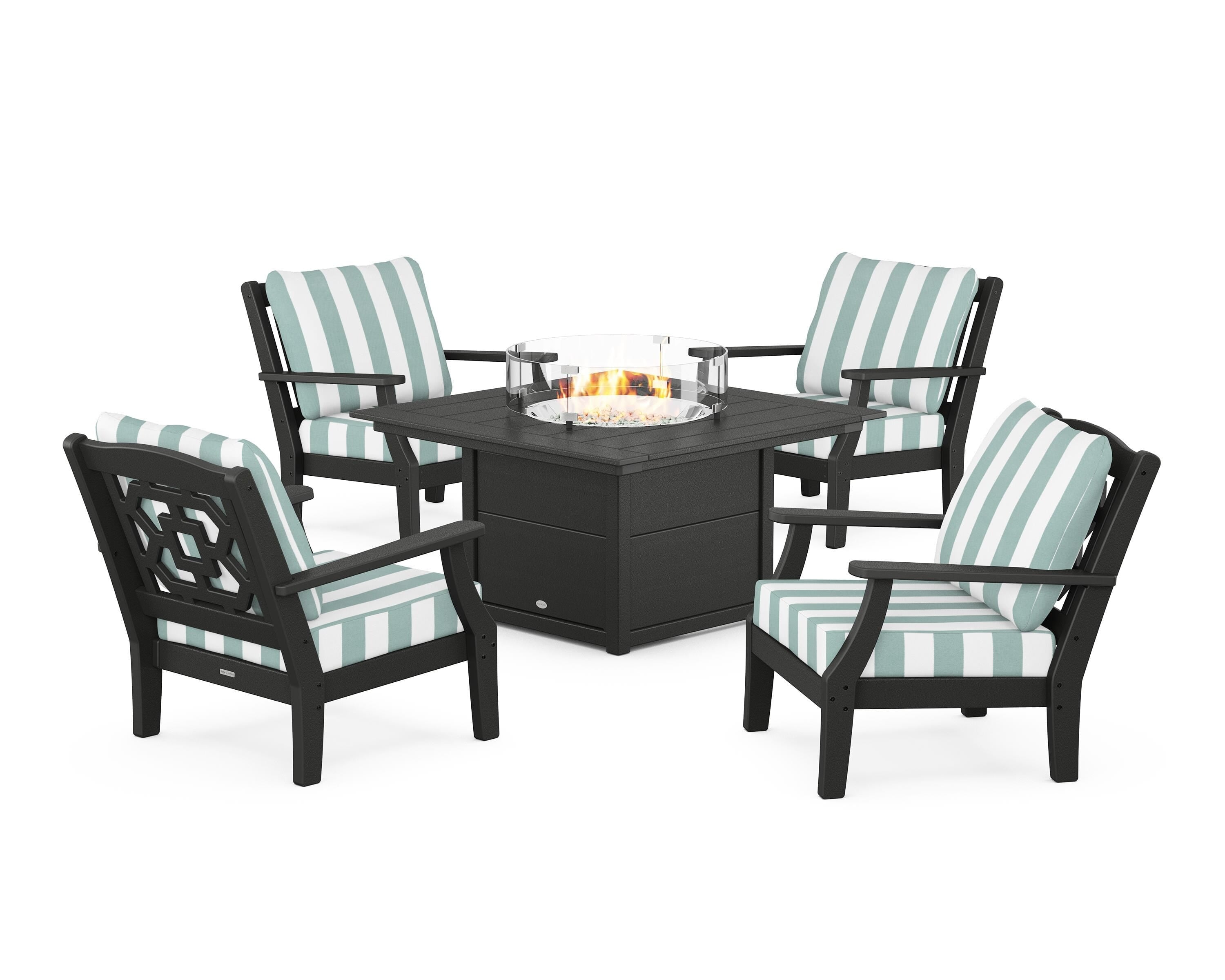 Martha Stewart by POLYWOOD® Chinoiserie 5-Piece Deep Seating Set with Fire Pit Table in Black / Cabana Stripe Glacier Spa