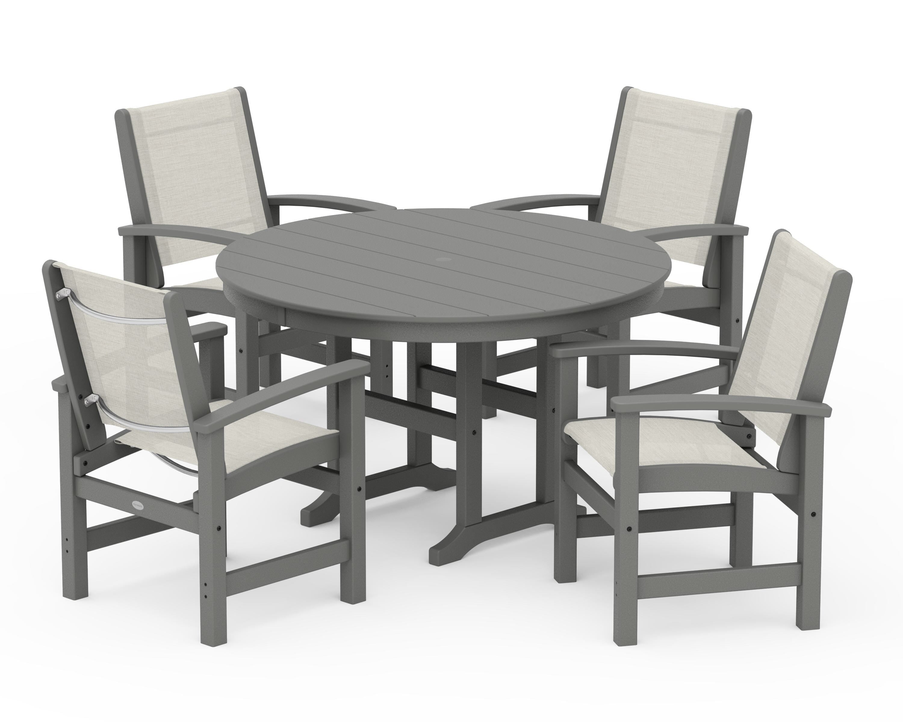 POLYWOOD® Coastal 5-Piece Round Farmhouse Dining Set in Slate Grey / Parchment Sling