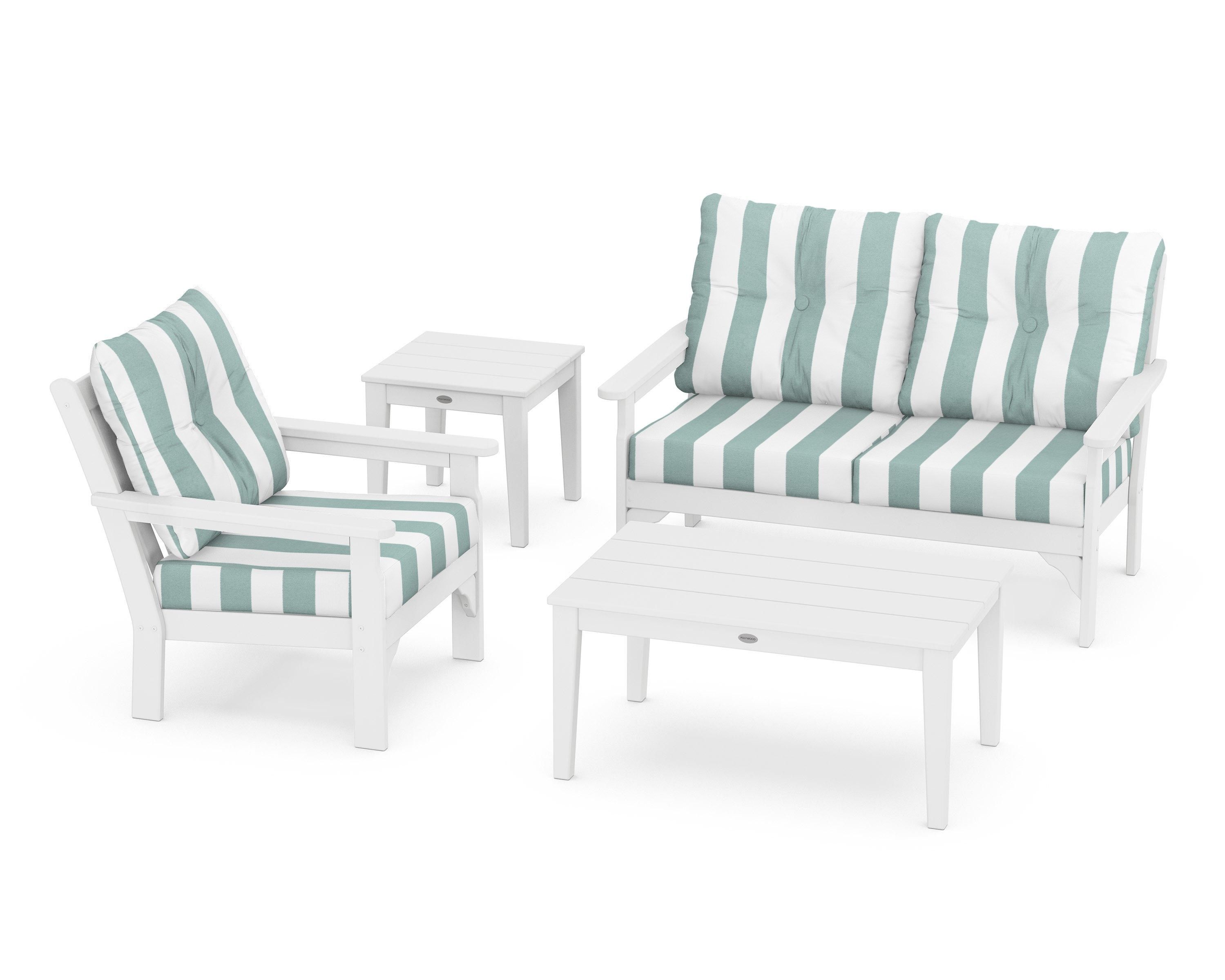 POLYWOOD® Vineyard 4-Piece Deep Seating Set in White / Cabana Stripe Glacier Spa