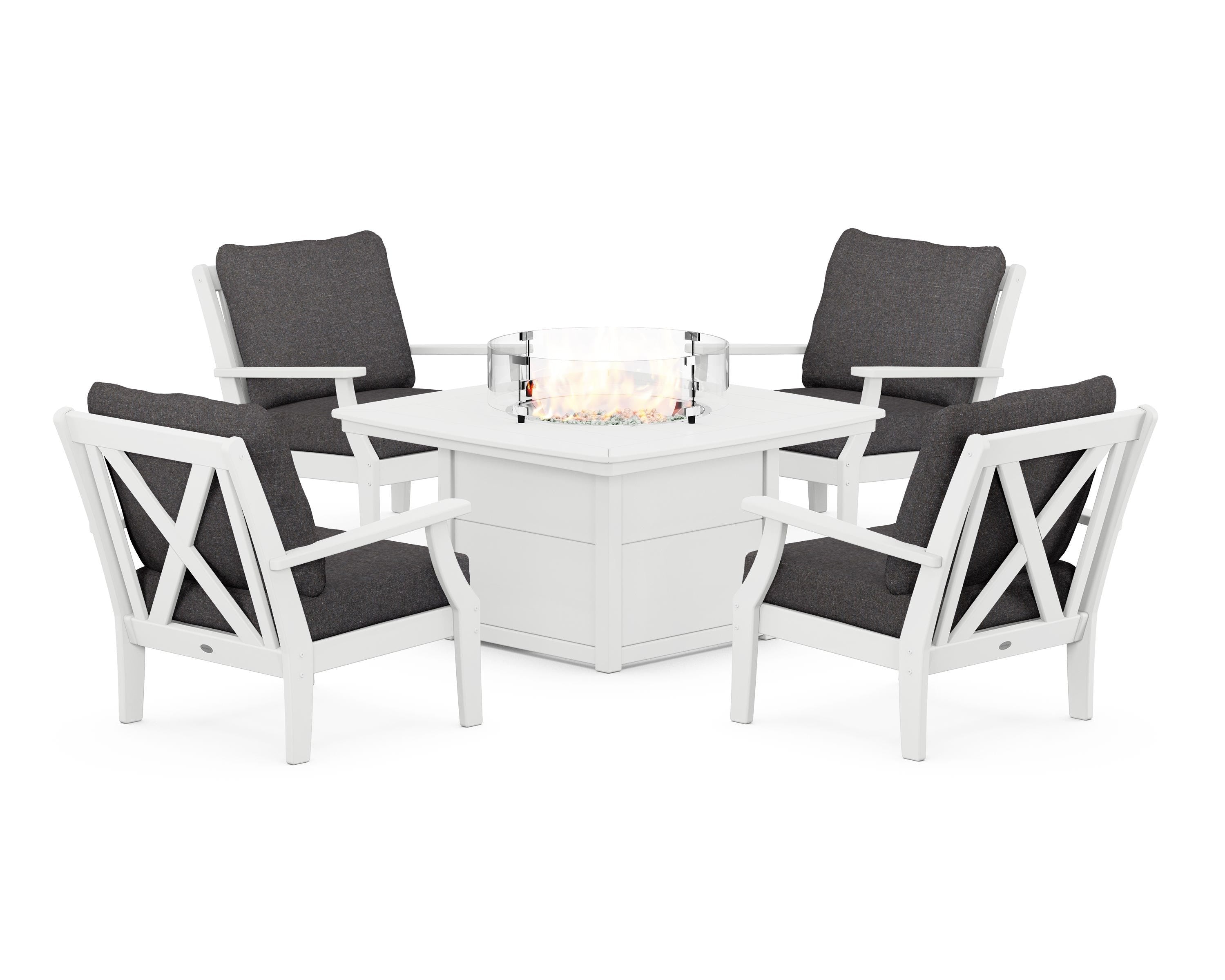 POLYWOOD® Braxton 5-Piece Deep Seating Conversation Set with Fire Pit Table in White / Ash Charcoal