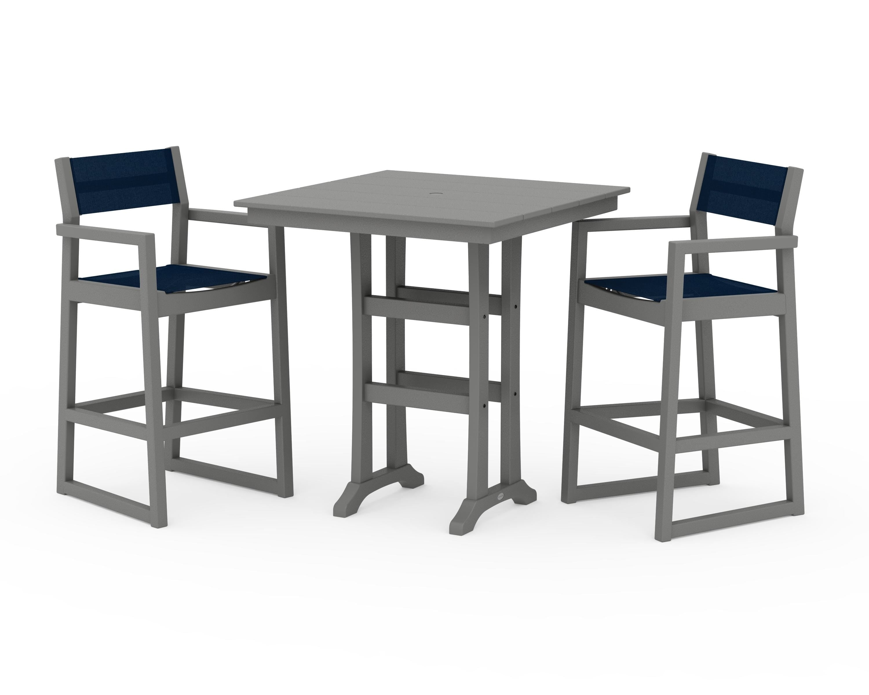 POLYWOOD® EDGE Sling Arm Chair 3-Piece Farmhouse Bar Set with Trestle Legs in Slate Grey / Navy Blue Sling