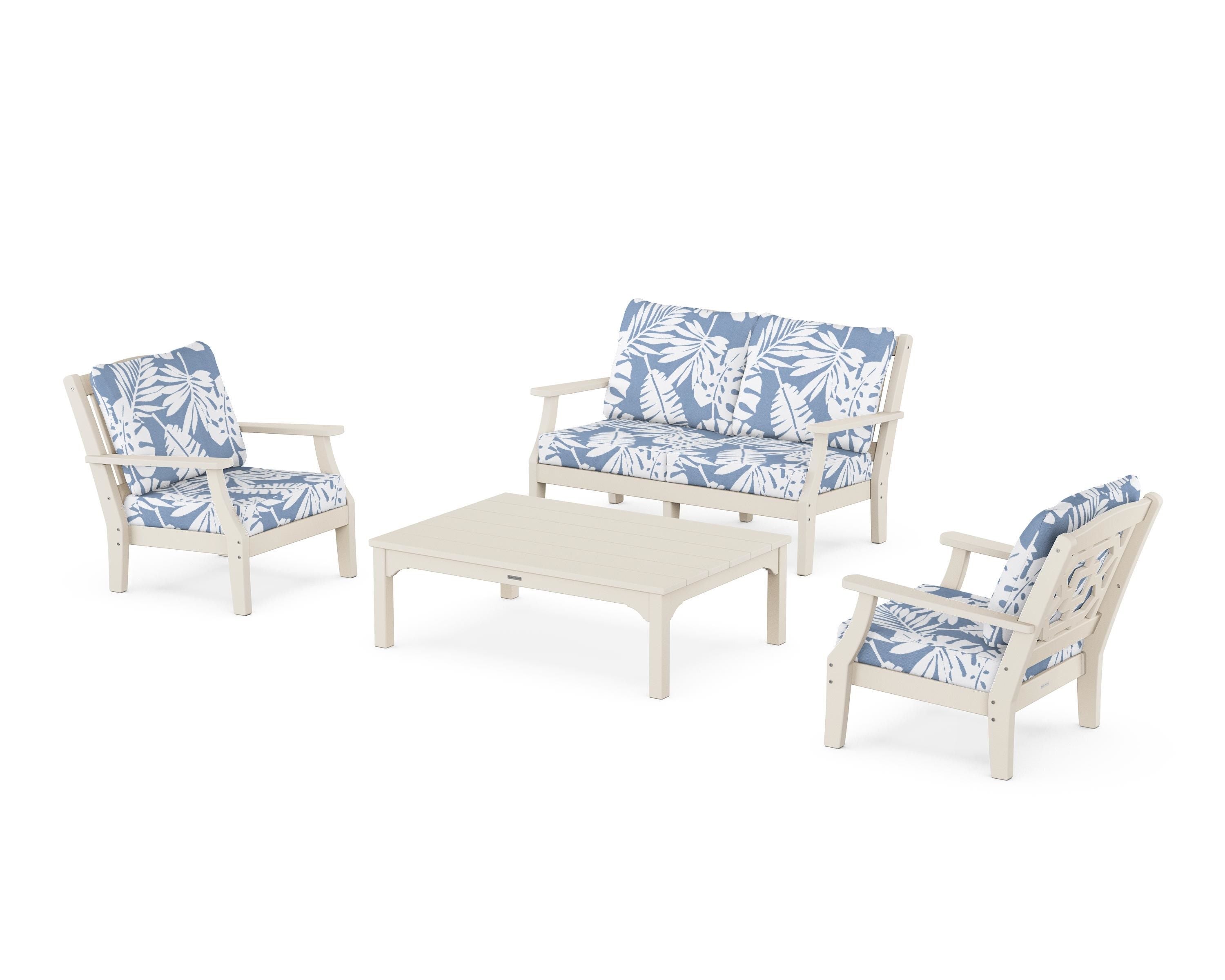 Martha Stewart by POLYWOOD® Chinoiserie 4-Piece Deep Seating Set with Loveseat in Sand / Leaf Sky Blue
