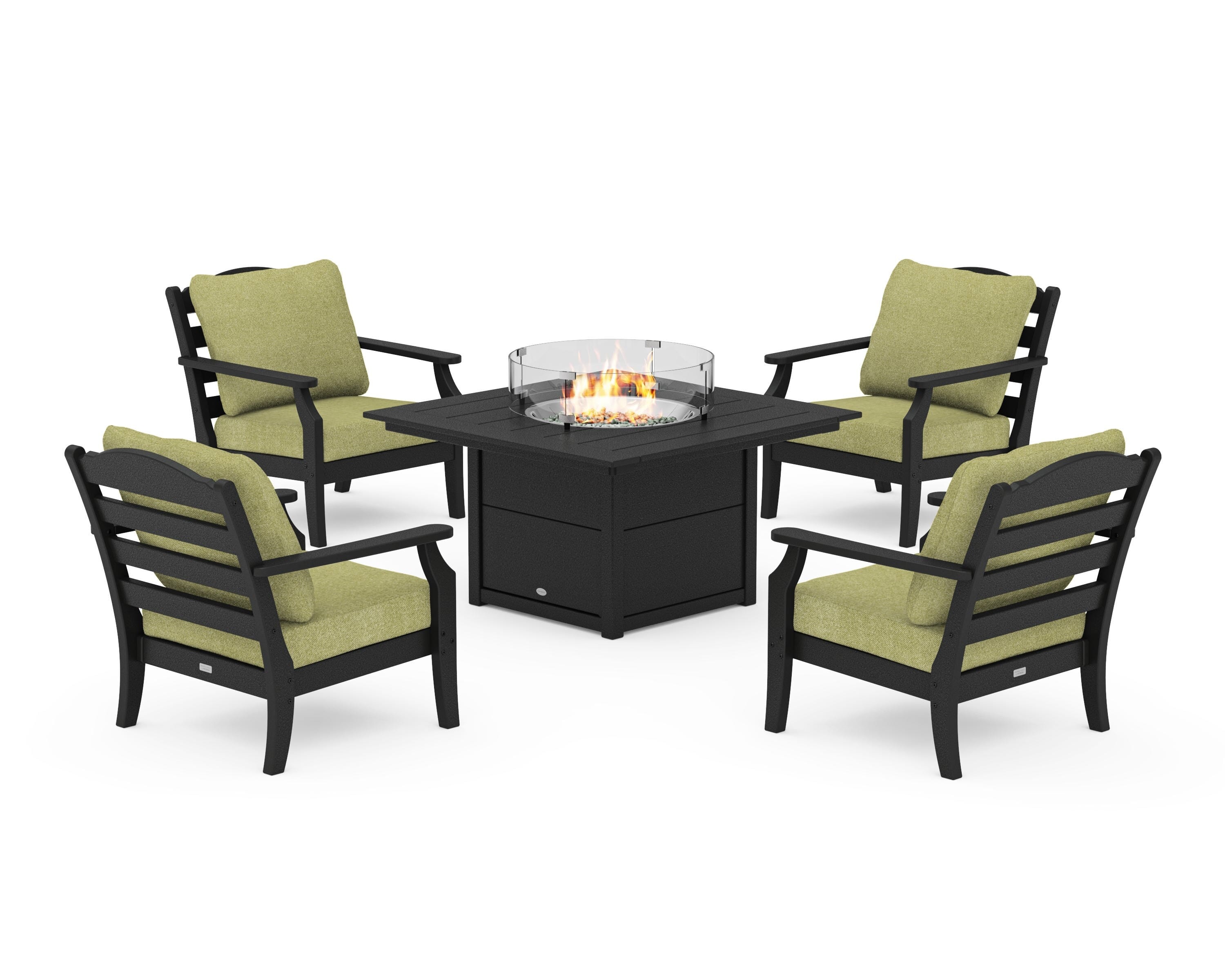 Draper James™ by POLYWOOD® Savannah 5-Piece Deep Seating Set with Fire Pit Table in Black / Chartreuse Boucle