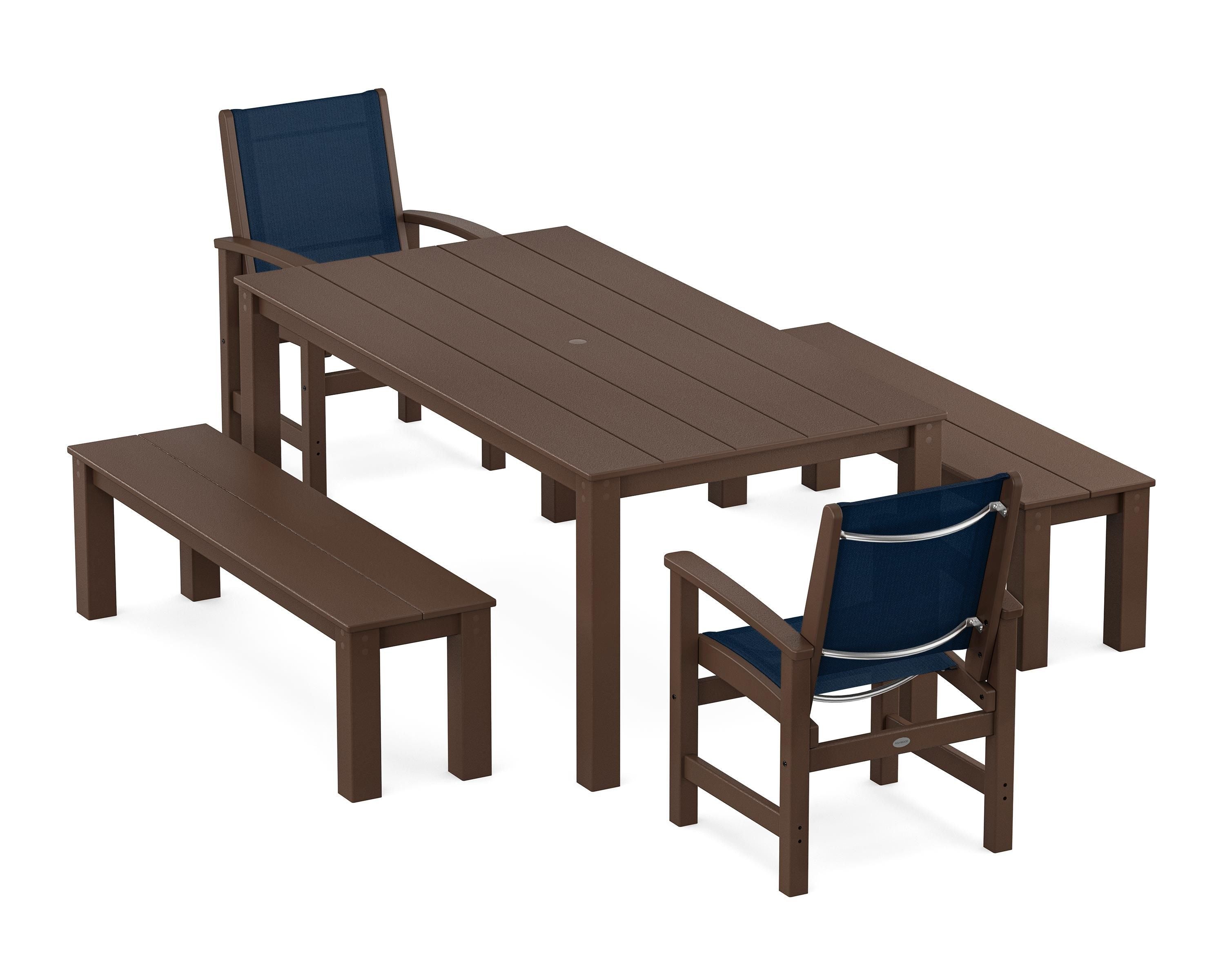 POLYWOOD® Coastal 5-Piece Parsons Dining Set with Benches in Mahogany / Navy Blue Sling