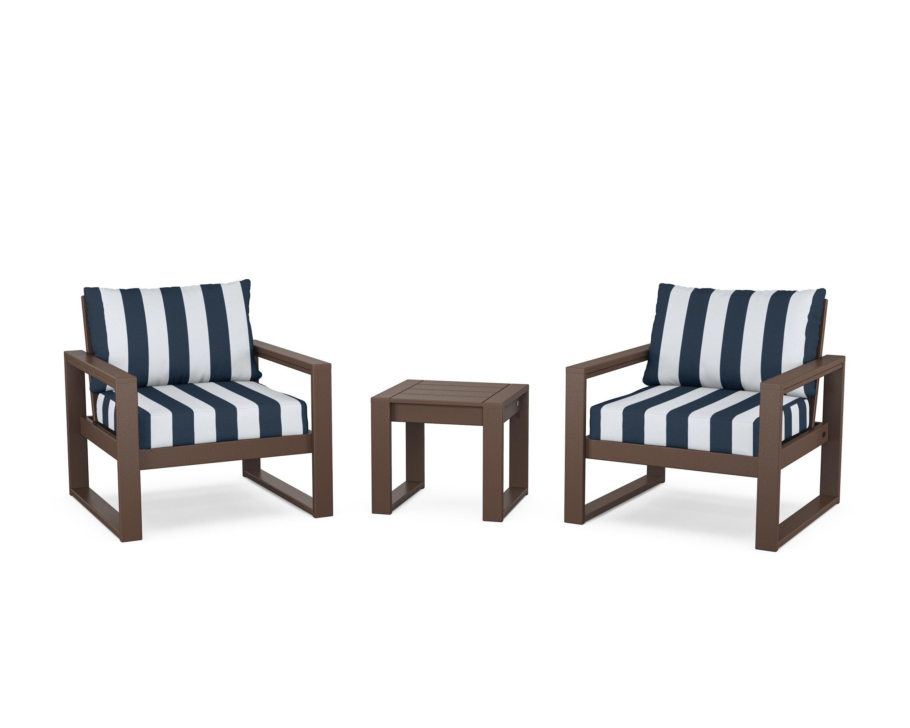 POLYWOOD® EDGE Sectional 3-Piece Deep Seating Set in Mahogany / Cabana Stripe Marine Indigo