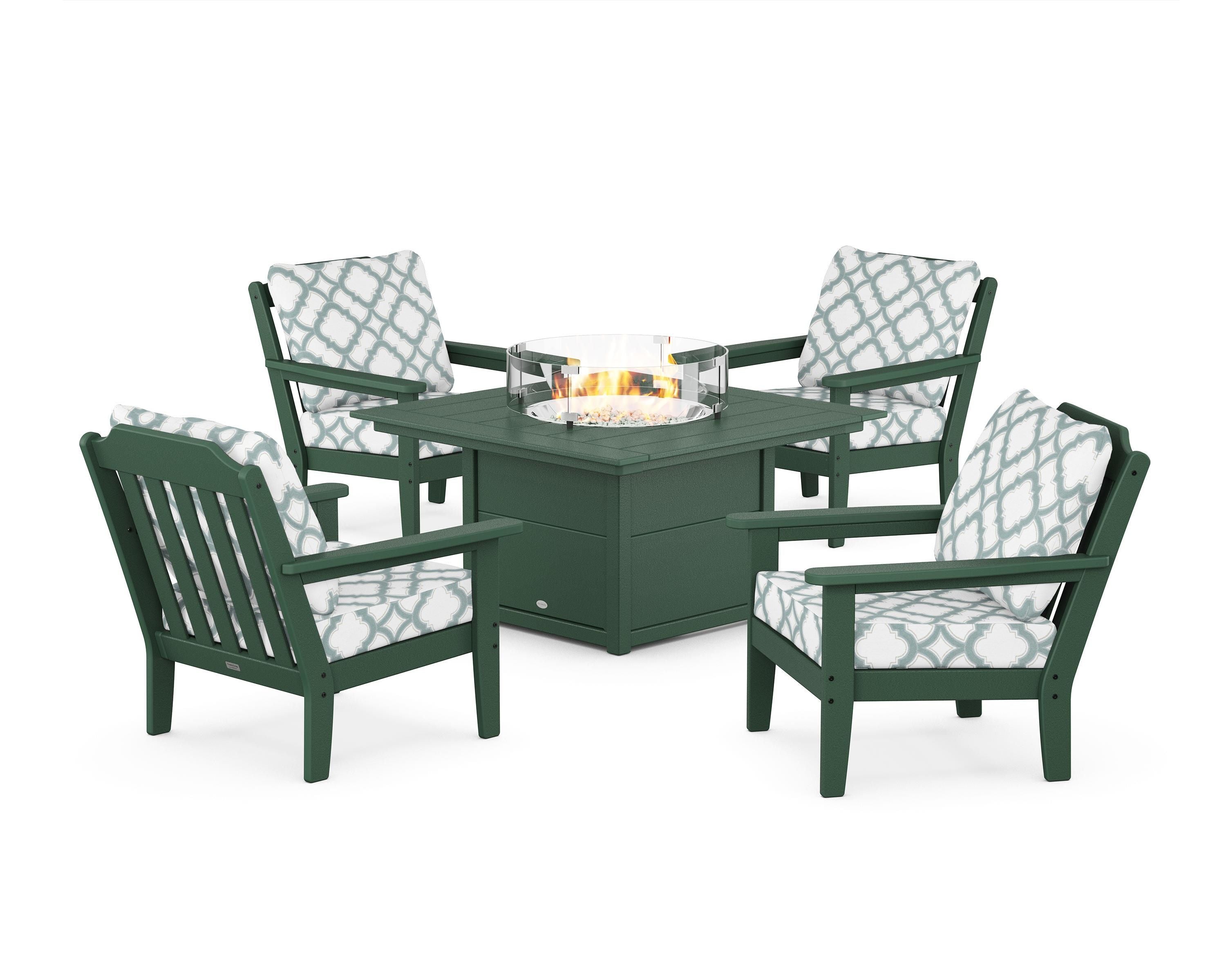 Country Living Cottage 5-Piece Deep Seating Set with Fire Pit Table in Green / Trellis Glacier Spa