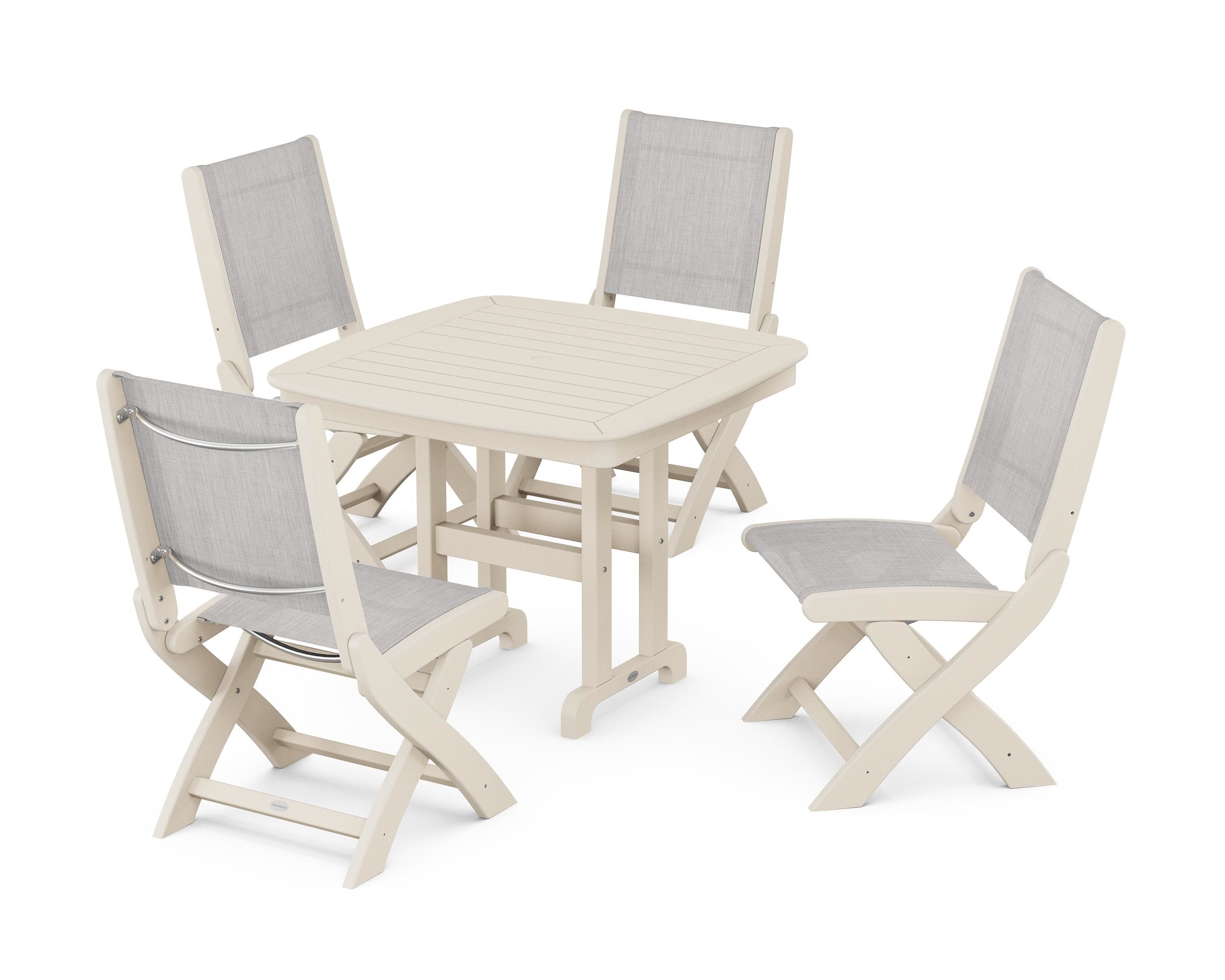 POLYWOOD® Coastal Folding Side Chair 5-Piece Dining Set in Sand / Parchment Sling