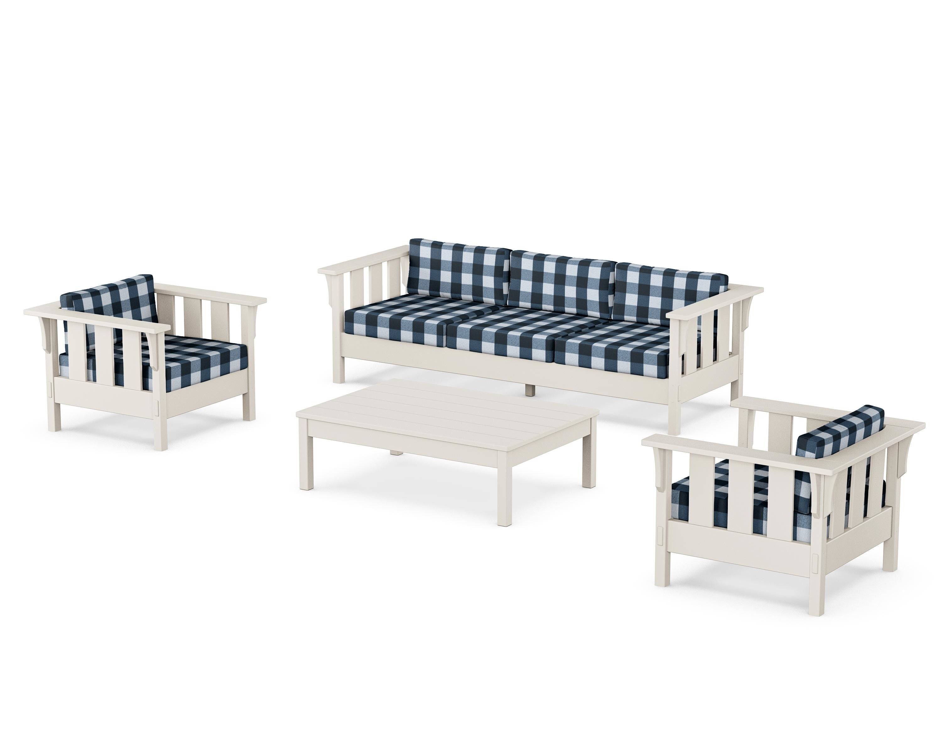 Martha Stewart by POLYWOOD® Acadia 4-Piece Deep Seating Set with Sofa in Sand / Buffalo Plaid Marine Indigo