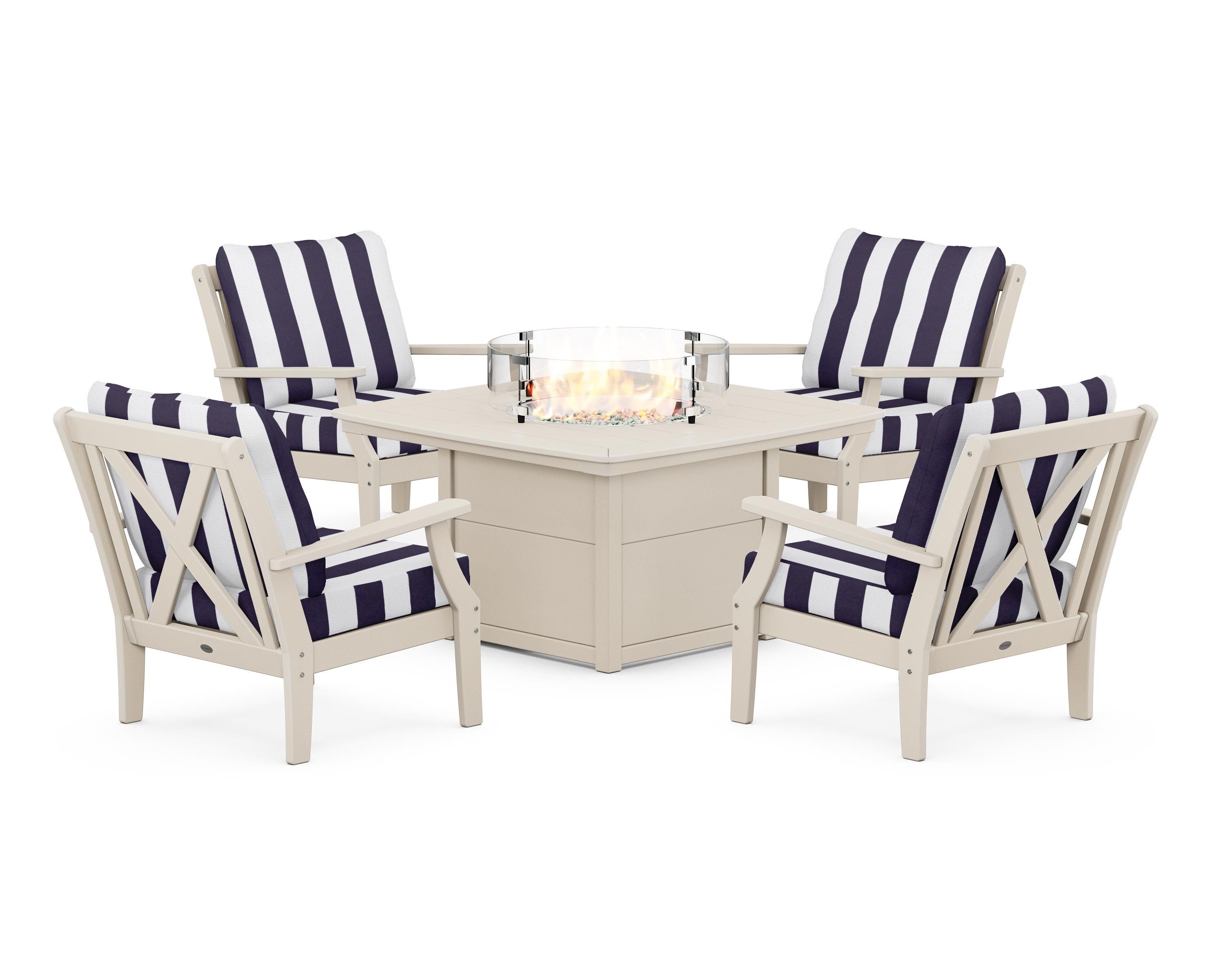POLYWOOD® Braxton 5-Piece Deep Seating Conversation Set with Fire Pit Table in Sand / Cabana Stripe Navy