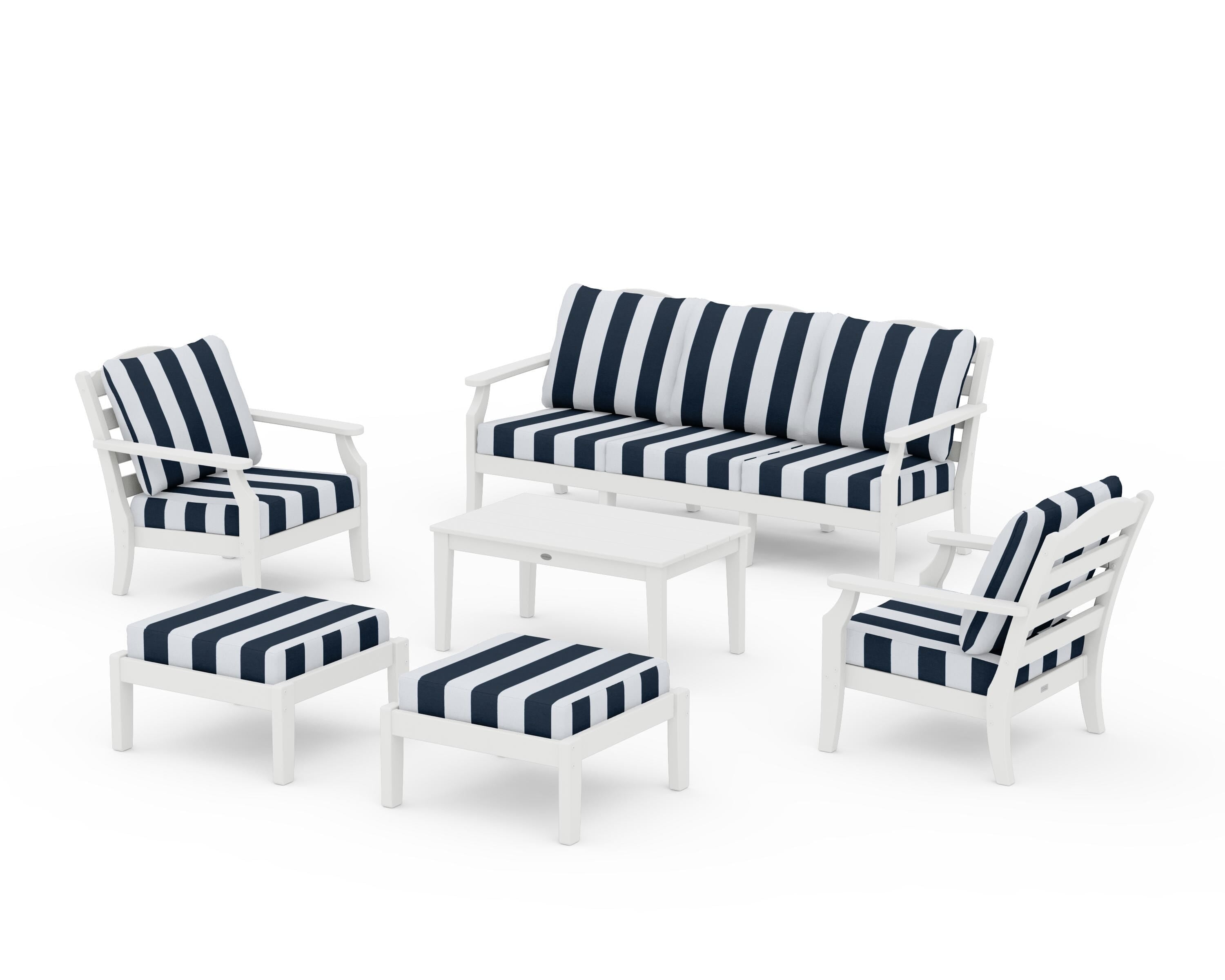 Draper James™ by POLYWOOD® Savannah 6-Piece Lounge Sofa Set in White / Cabana Stripe Marine Indigo