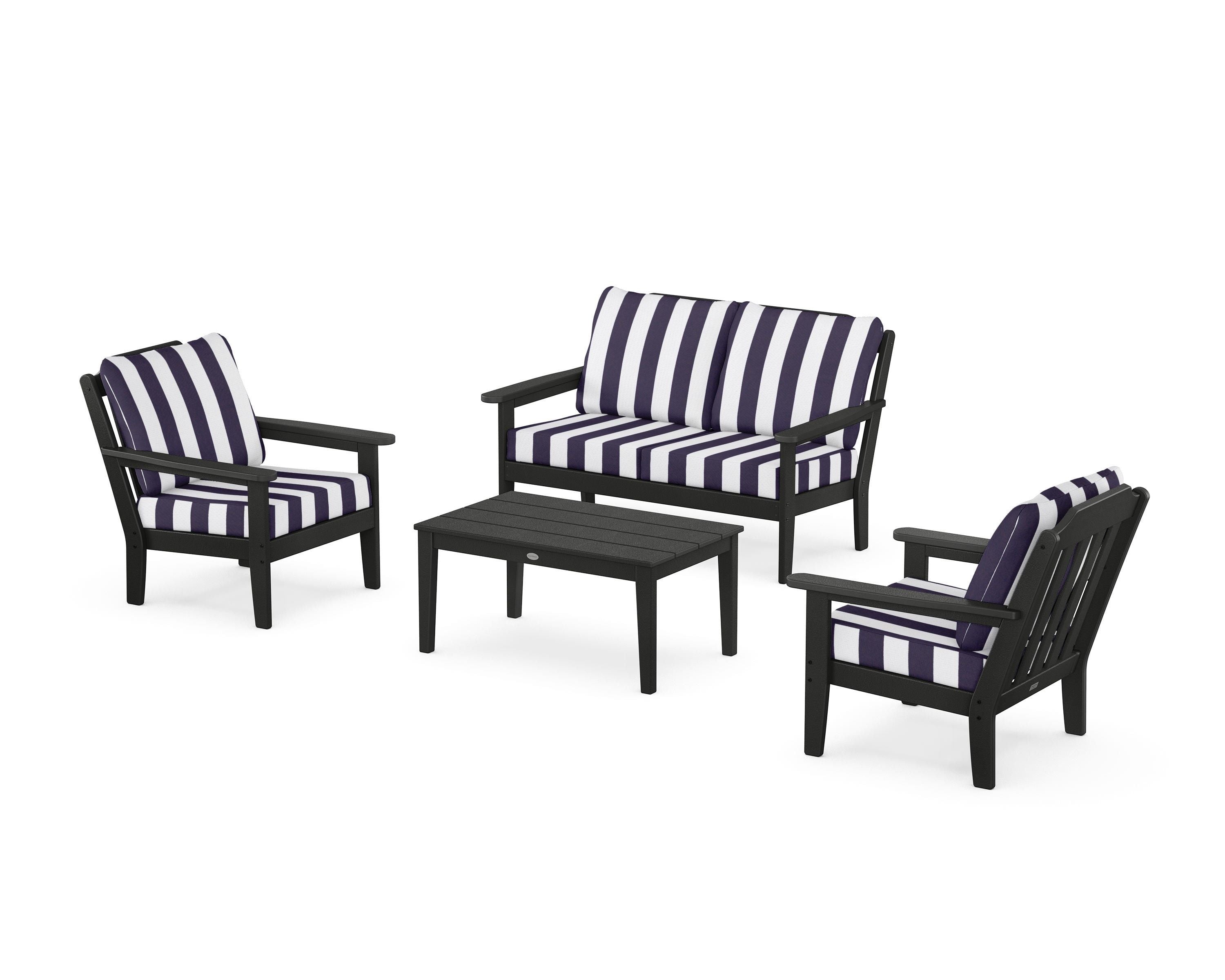 Country Living Cottage 4-Piece Deep Seating Set with Loveseat in Black / Cabana Stripe Navy