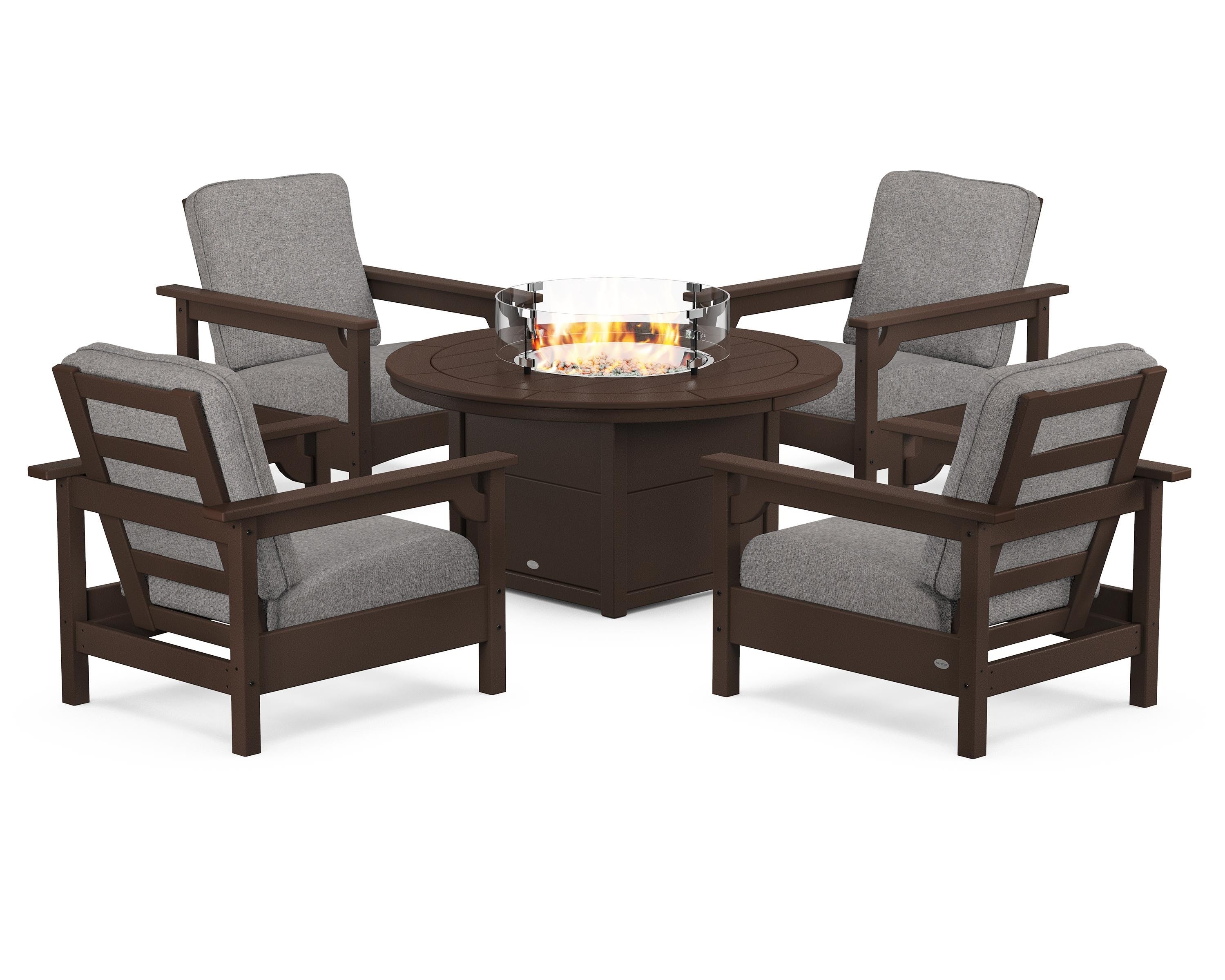POLYWOOD® Club 5-Piece Conversation Set with Fire Pit Table in Mahogany / Grey Mist