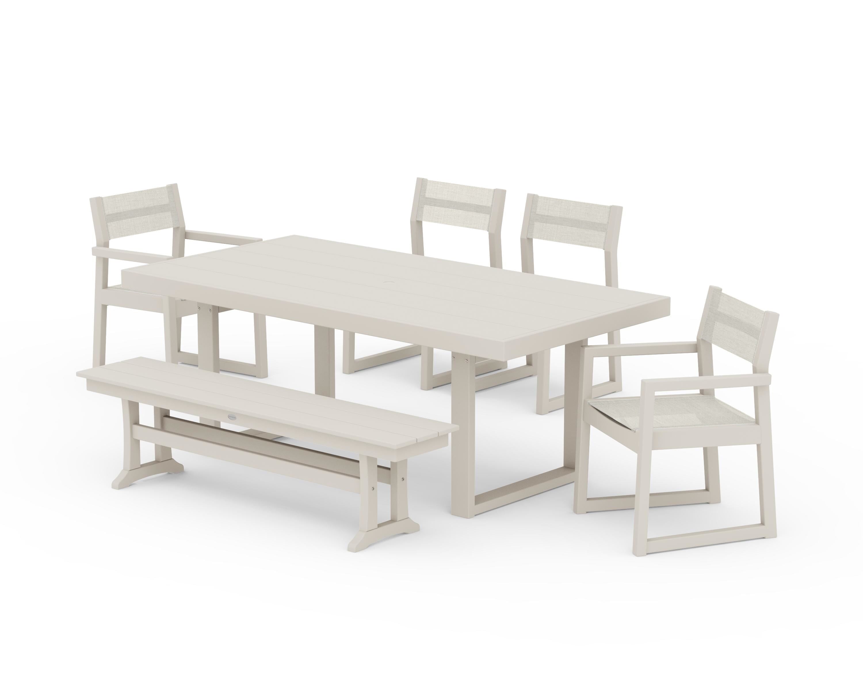 POLYWOOD® EDGE Sling 6-Piece Dining Set with Bench in Sand / Parchment Sling