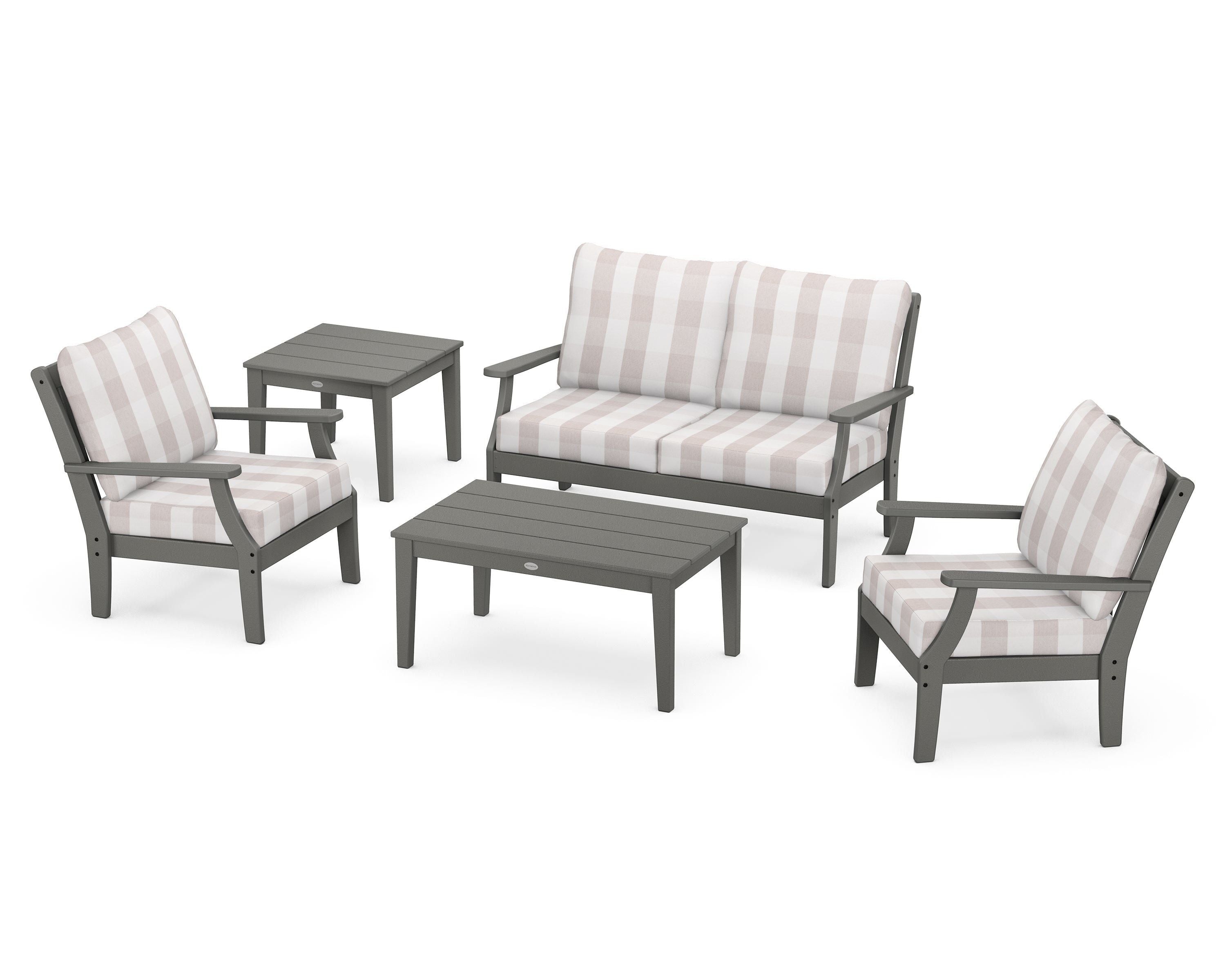 POLYWOOD® Braxton 5-Piece Deep Seating Set in Slate Grey / Buffalo Plaid Dune Burlap