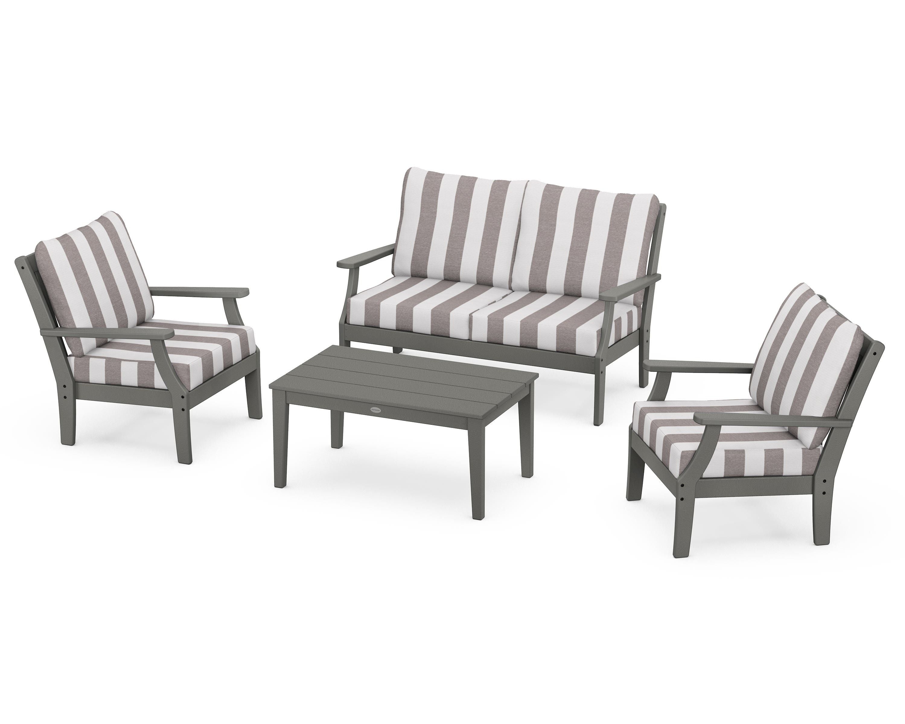 POLYWOOD® Braxton 4-Piece Deep Seating Chair Set in Slate Grey / Cabana Stripe Grey Mist