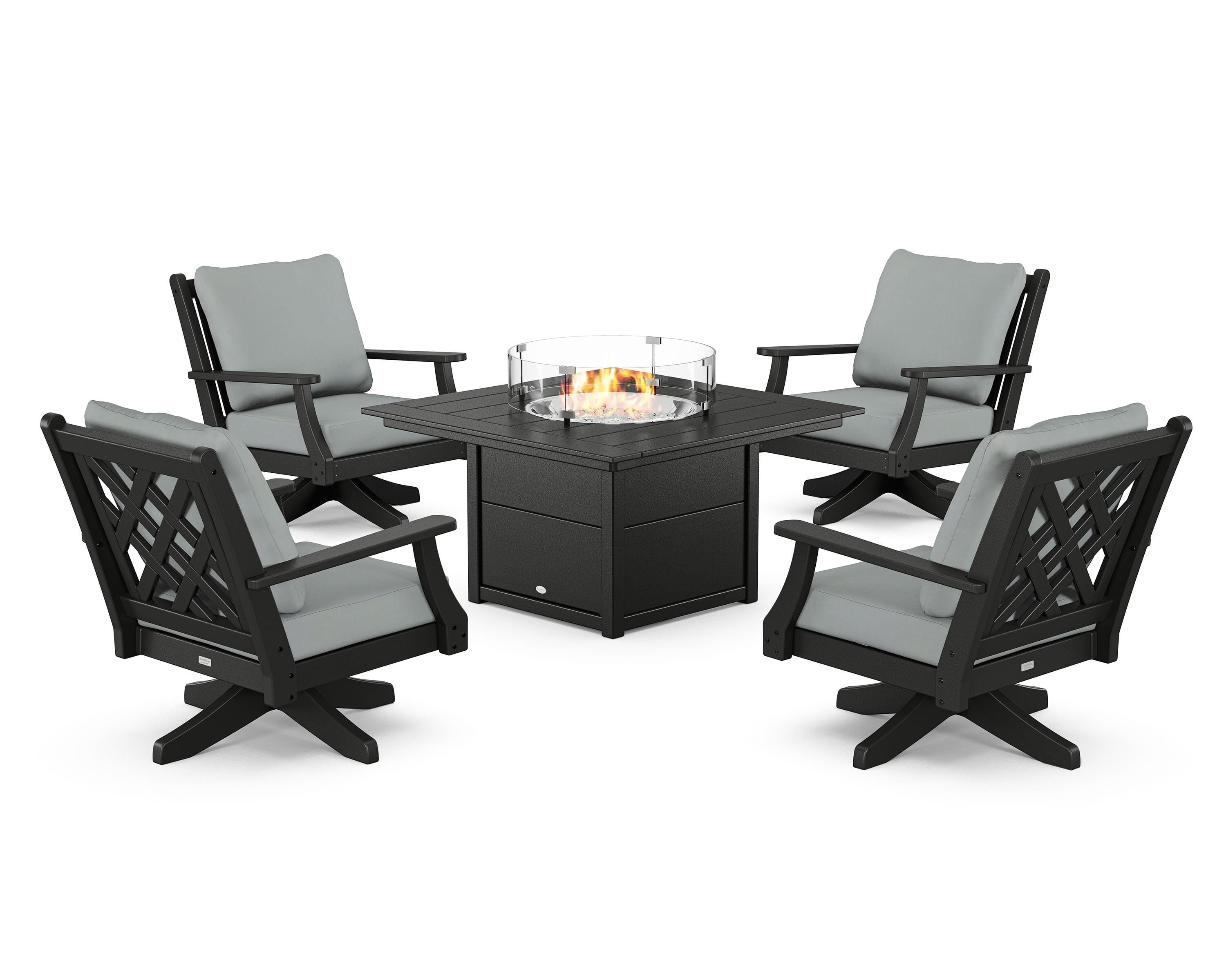 Country Living Wovendale 5-Piece Deep Seating Swivel Conversation Set with Fire Pit Table in Black / Spa