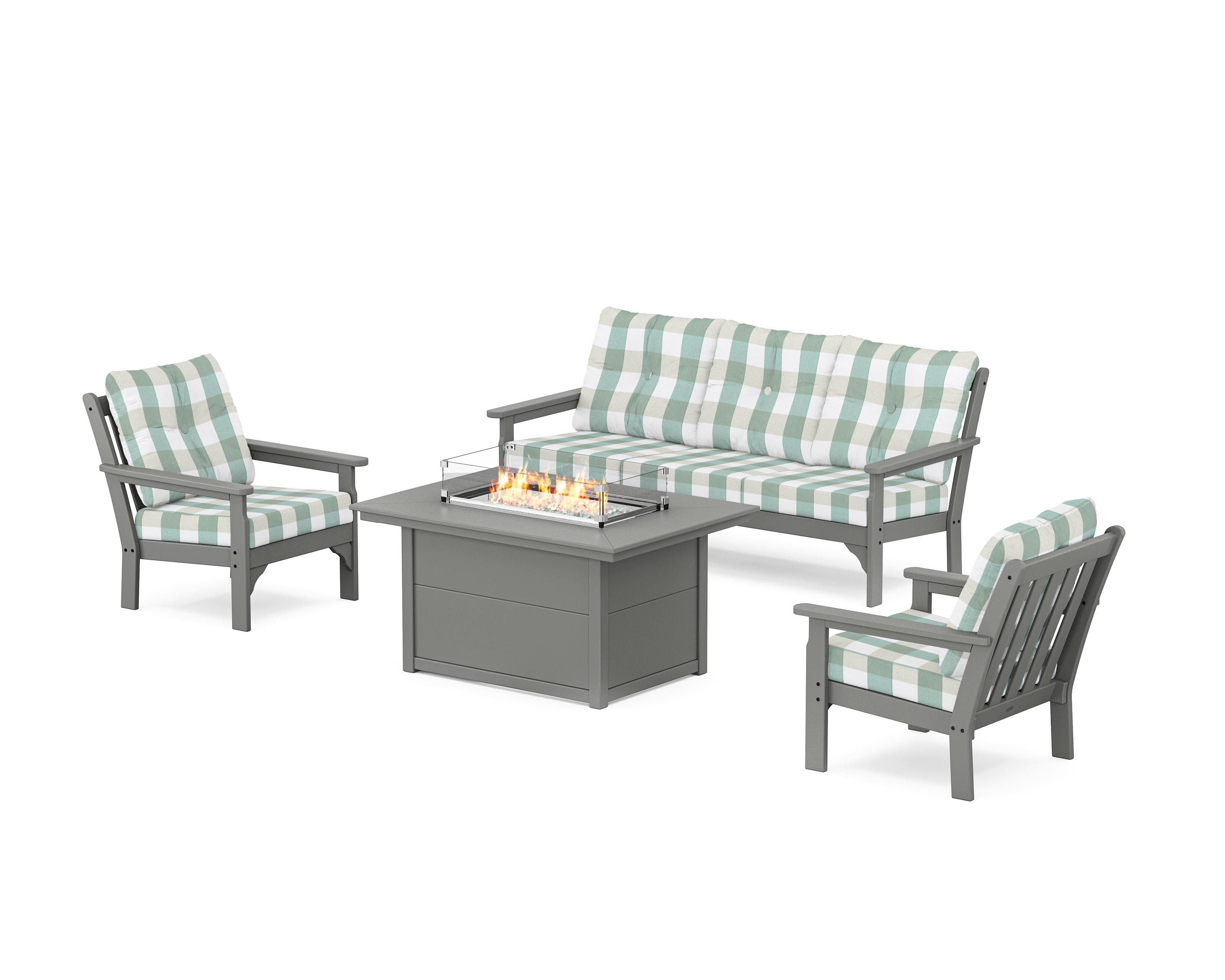 POLYWOOD® Vineyard Deep Seating Fire Pit Table Set in Slate Grey / Buffalo Plaid Glacier Spa