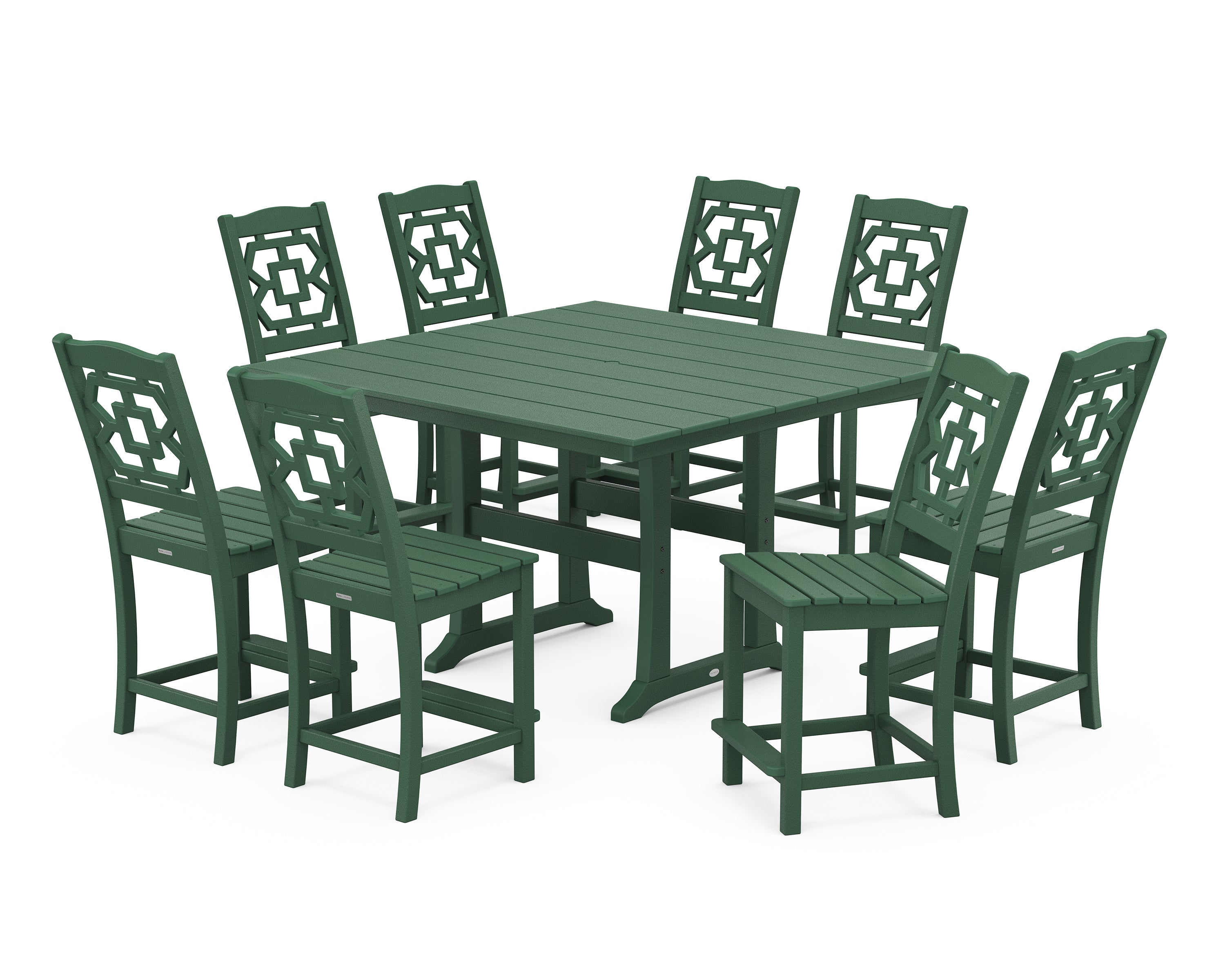 Martha Stewart by POLYWOOD® Chinoiserie 9-Piece Square Farmhouse Side Chair Counter Set with Trestle Legs in Green