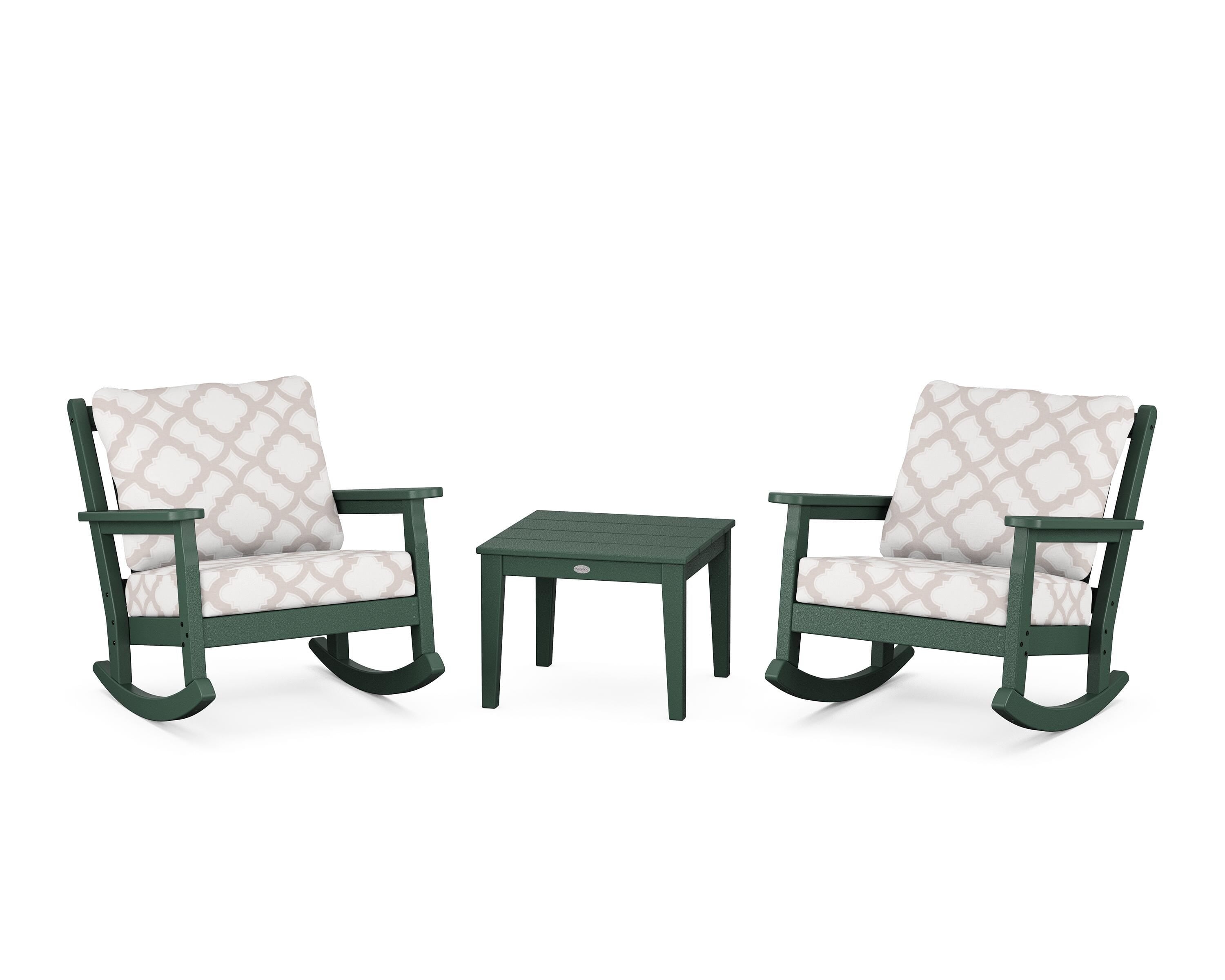 POLYWOOD® Chippendale 3-Piece Deep Seating Rocker Set in Green / Trellis Dune Burlap