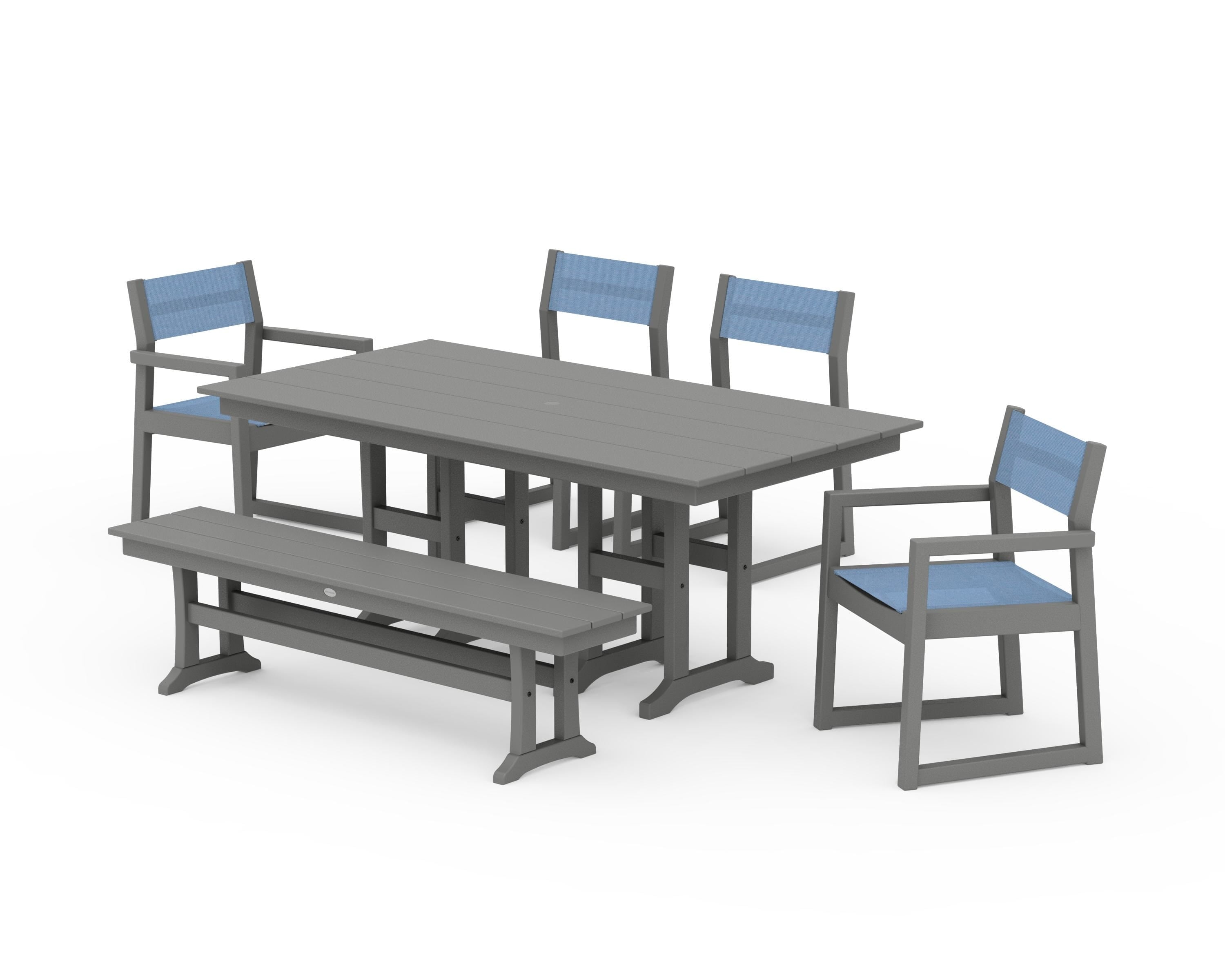 POLYWOOD® EDGE Sling 6-Piece Farmhouse Dining Set in Slate Grey / Poolside Sling