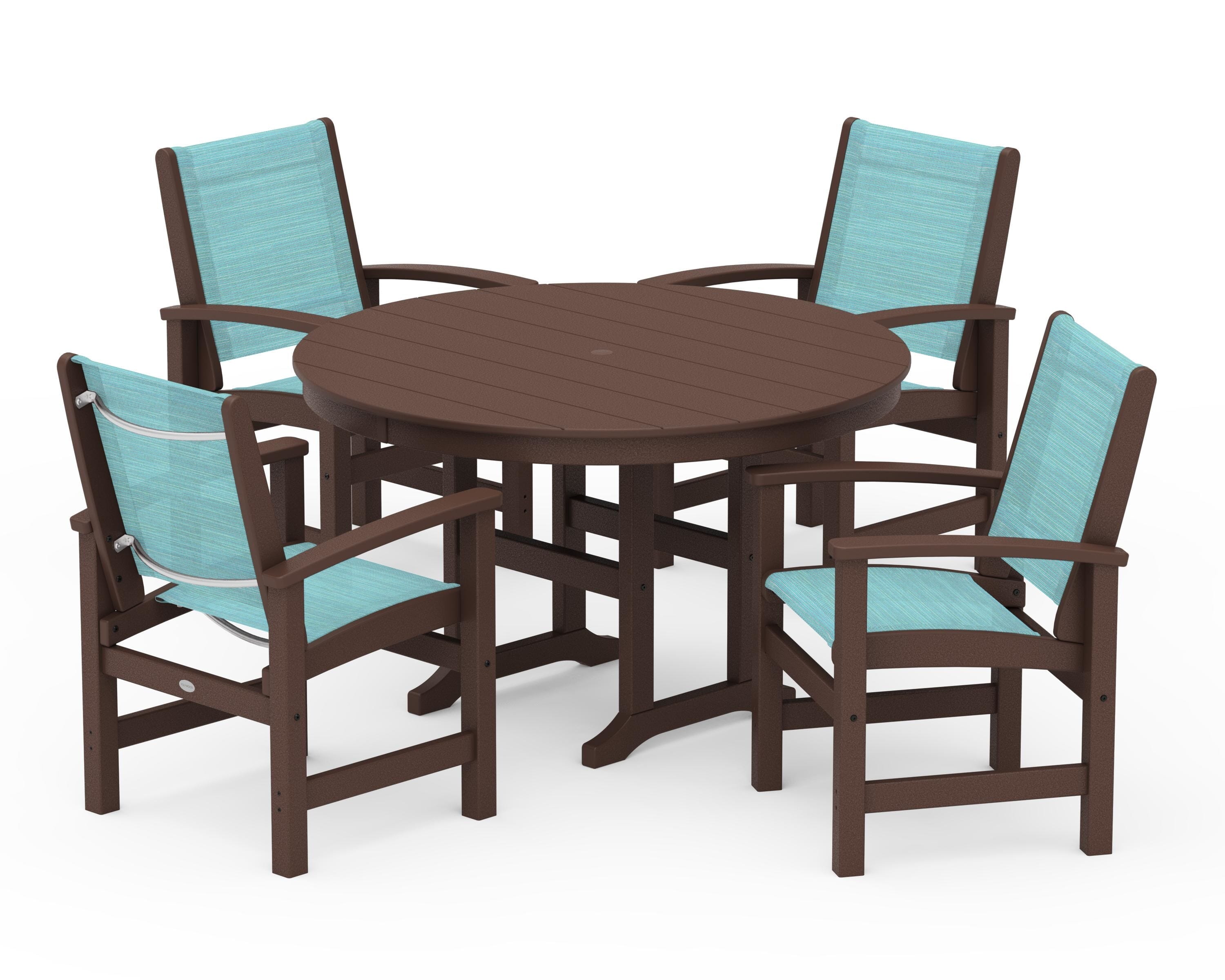POLYWOOD® Coastal 5-Piece Round Farmhouse Dining Set in Mahogany / Dupioni Aquamarine Sling