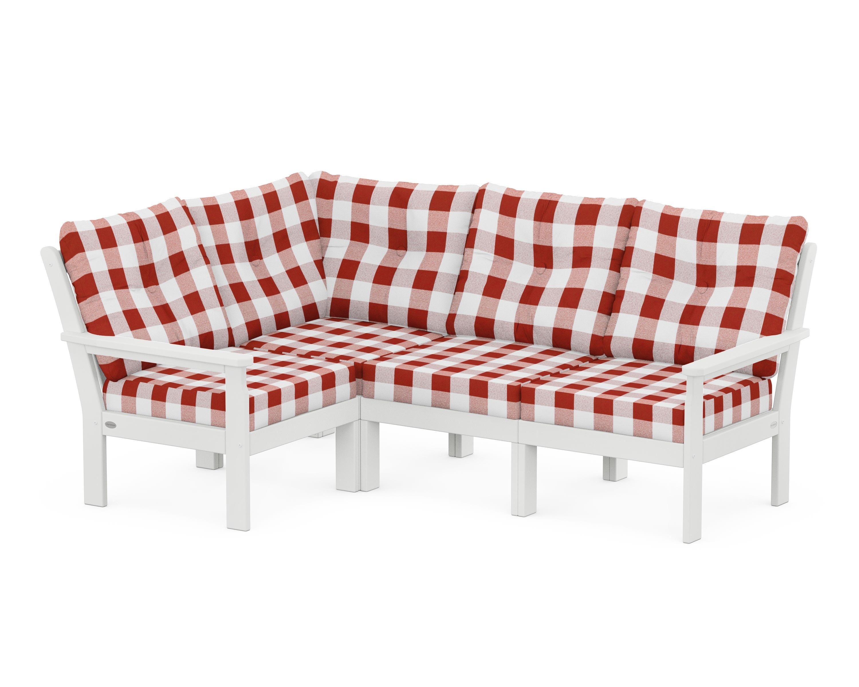 POLYWOOD® Vineyard 4-Piece Sectional in White / Buffalo Plaid Crimson