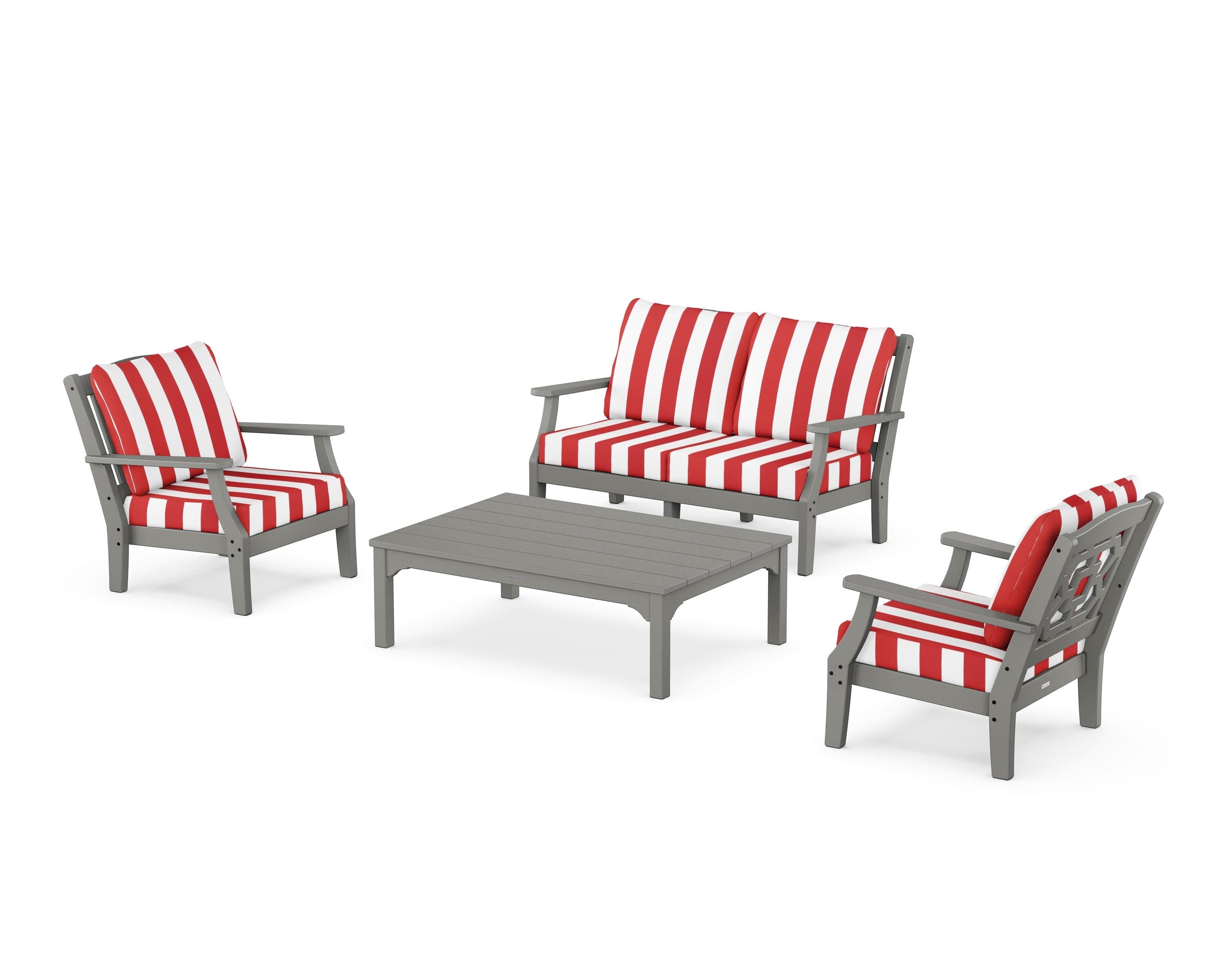 Martha Stewart by POLYWOOD® Chinoiserie 4-Piece Deep Seating Set with Loveseat in Slate Grey / Cabana Stripe Crimson