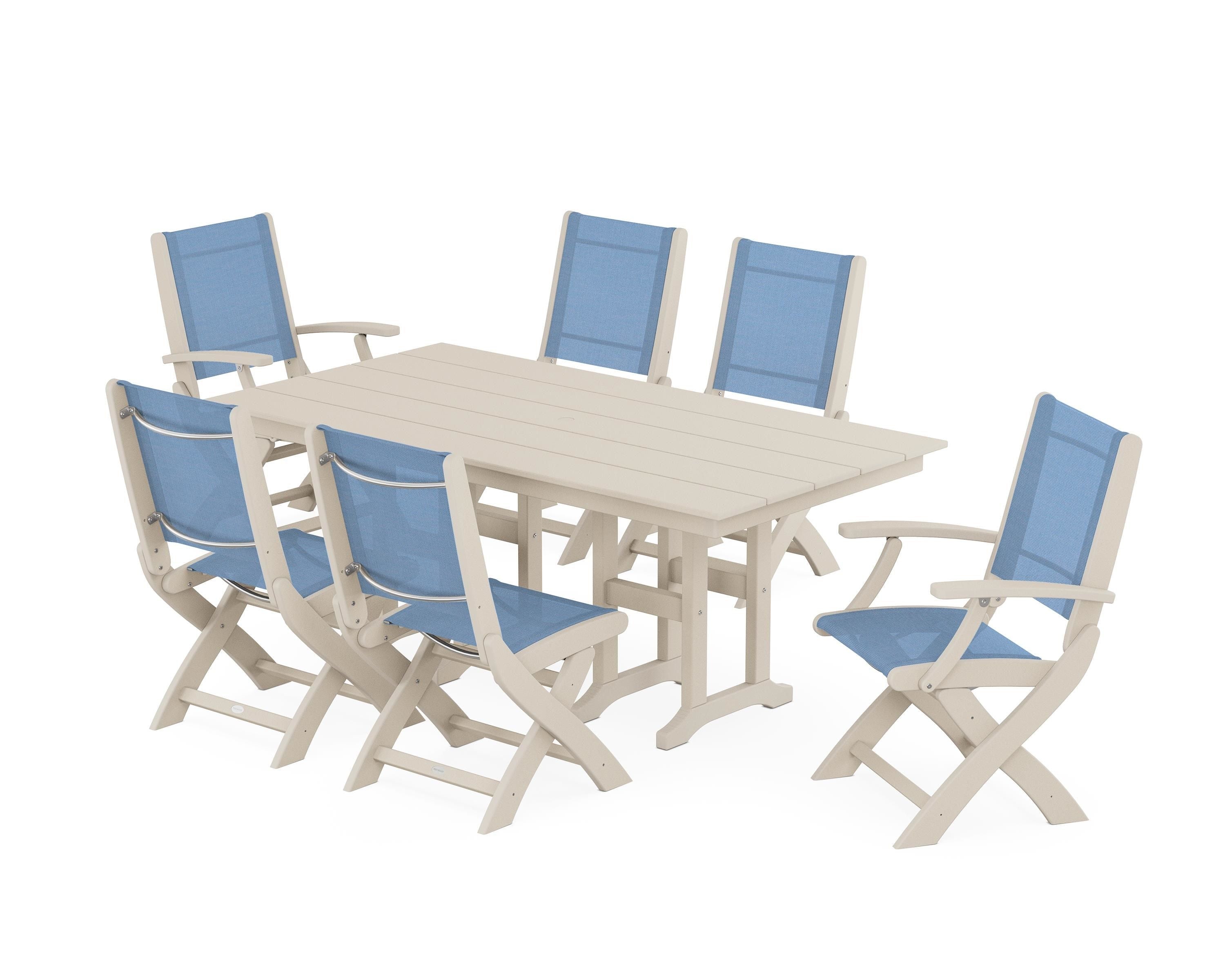 POLYWOOD® Coastal Folding Chair 7-Piece Farmhouse Dining Set in Sand / Poolside Sling