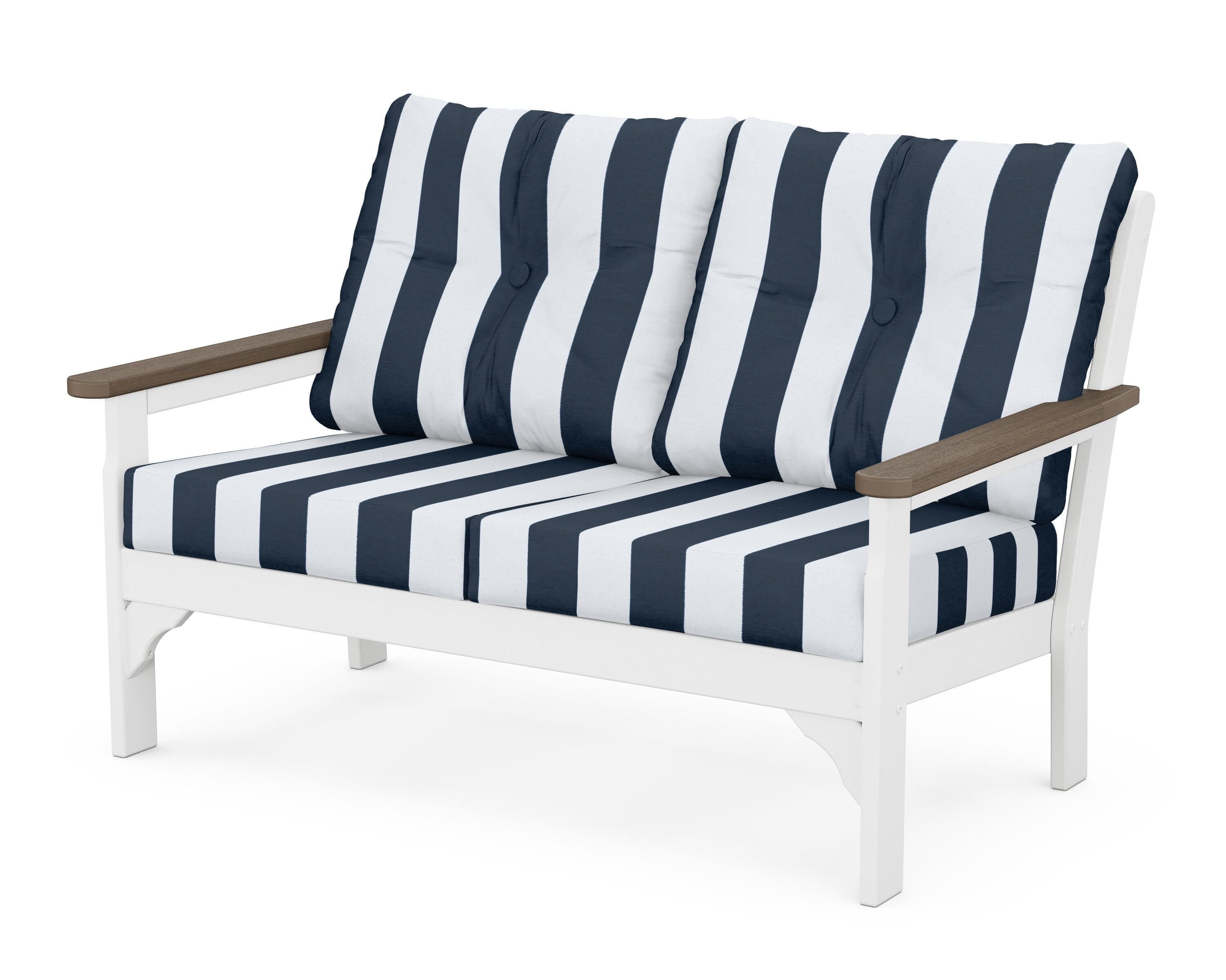 POLYWOOD® Vineyard Deep Seating Loveseat in White / Kona / Cabana Stripe Marine Indigo
