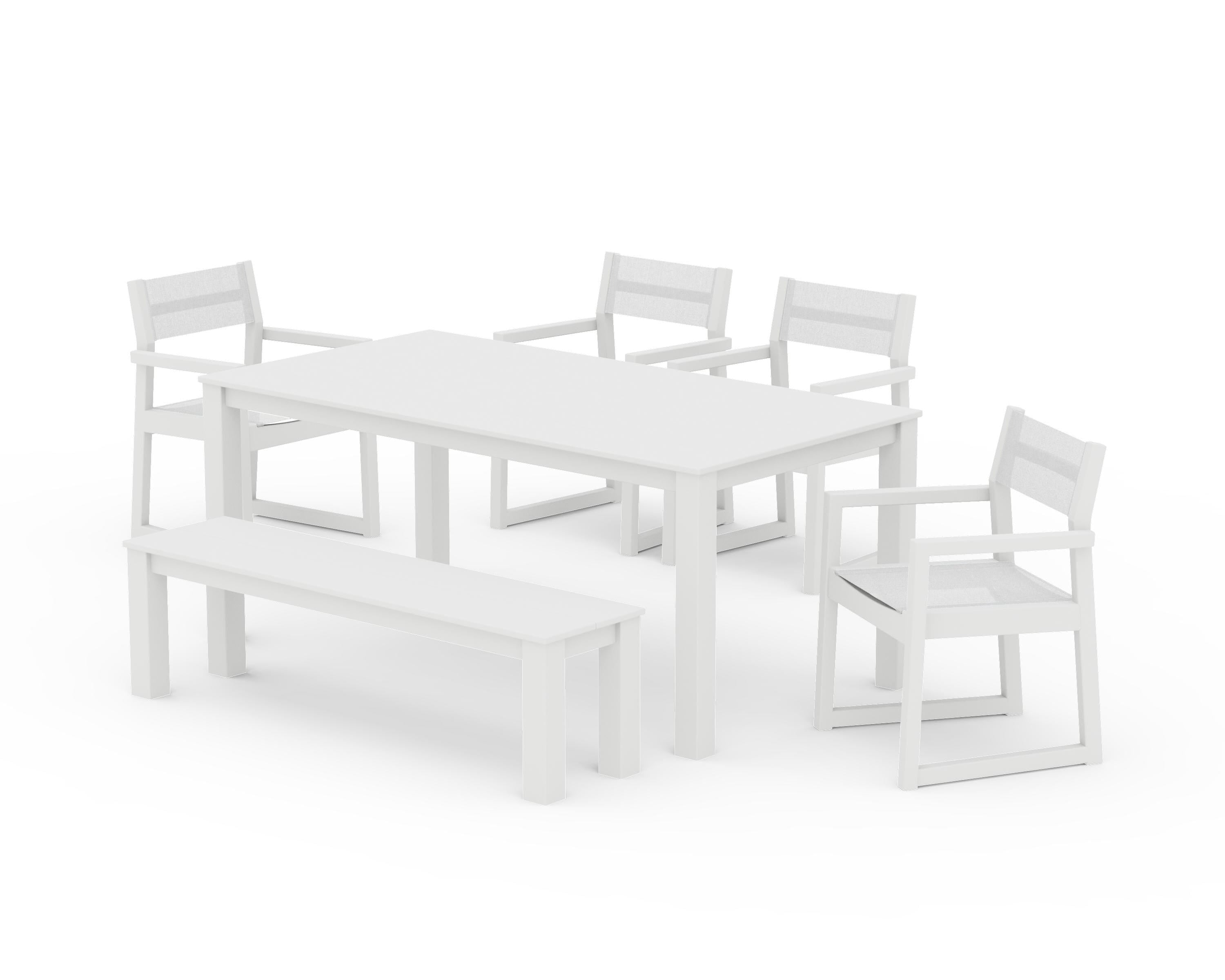 POLYWOOD® EDGE Sling Arm Chair 6-Piece Parsons Dining Set with Bench in White / White Sling