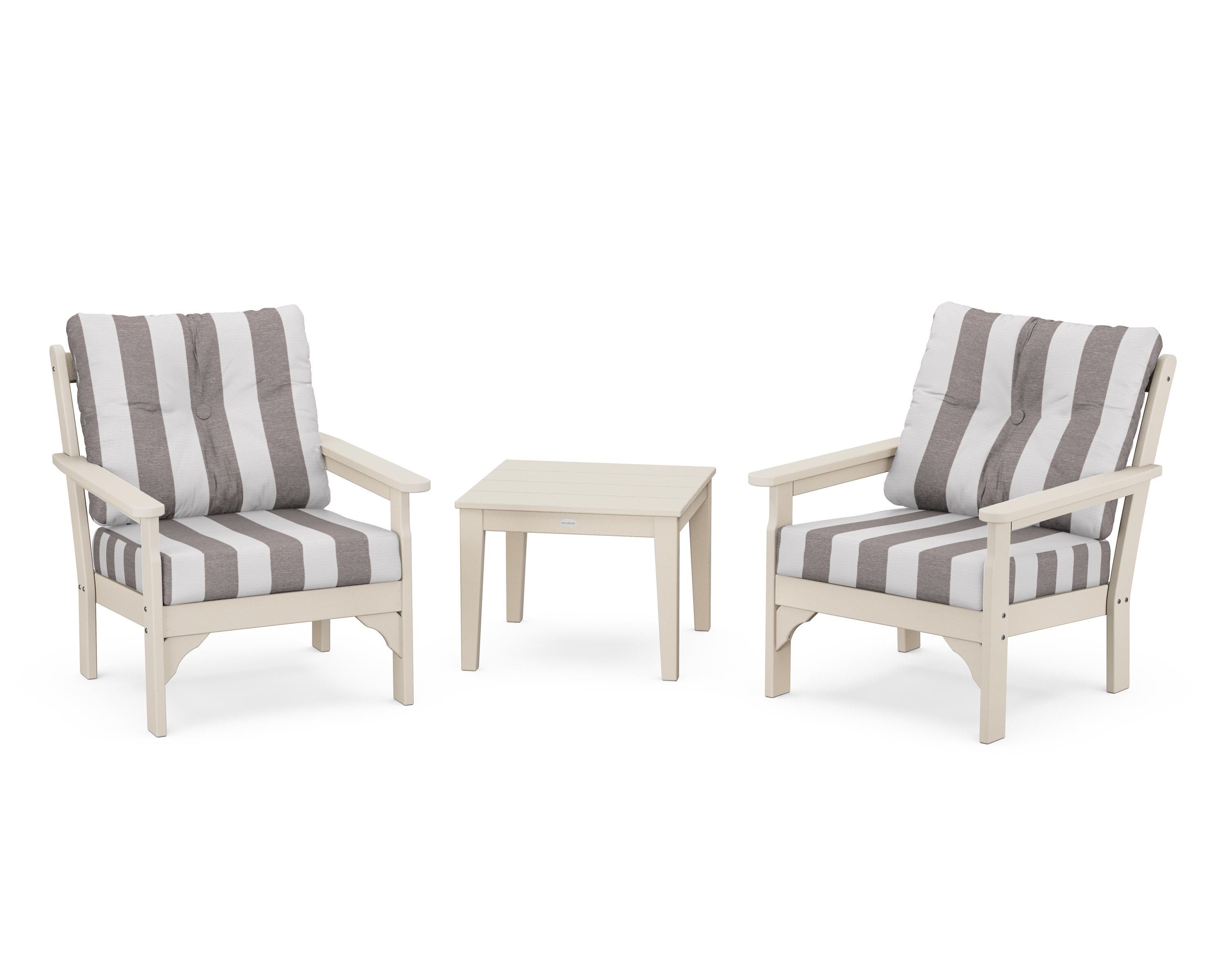 POLYWOOD® Vineyard 3-Piece Deep Seating Set in Sand / Cabana Stripe Grey Mist